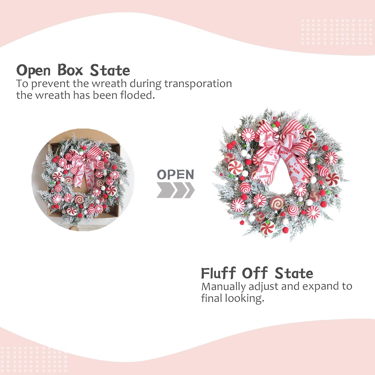 TEMPUS 24 Inch Artificial Frosted Pine Christmas Wreath for Front Door with Pom-Poms, Candy Canes & Bow, Indoor Outdoor Wall Window Home Holiday Decor - Image 4