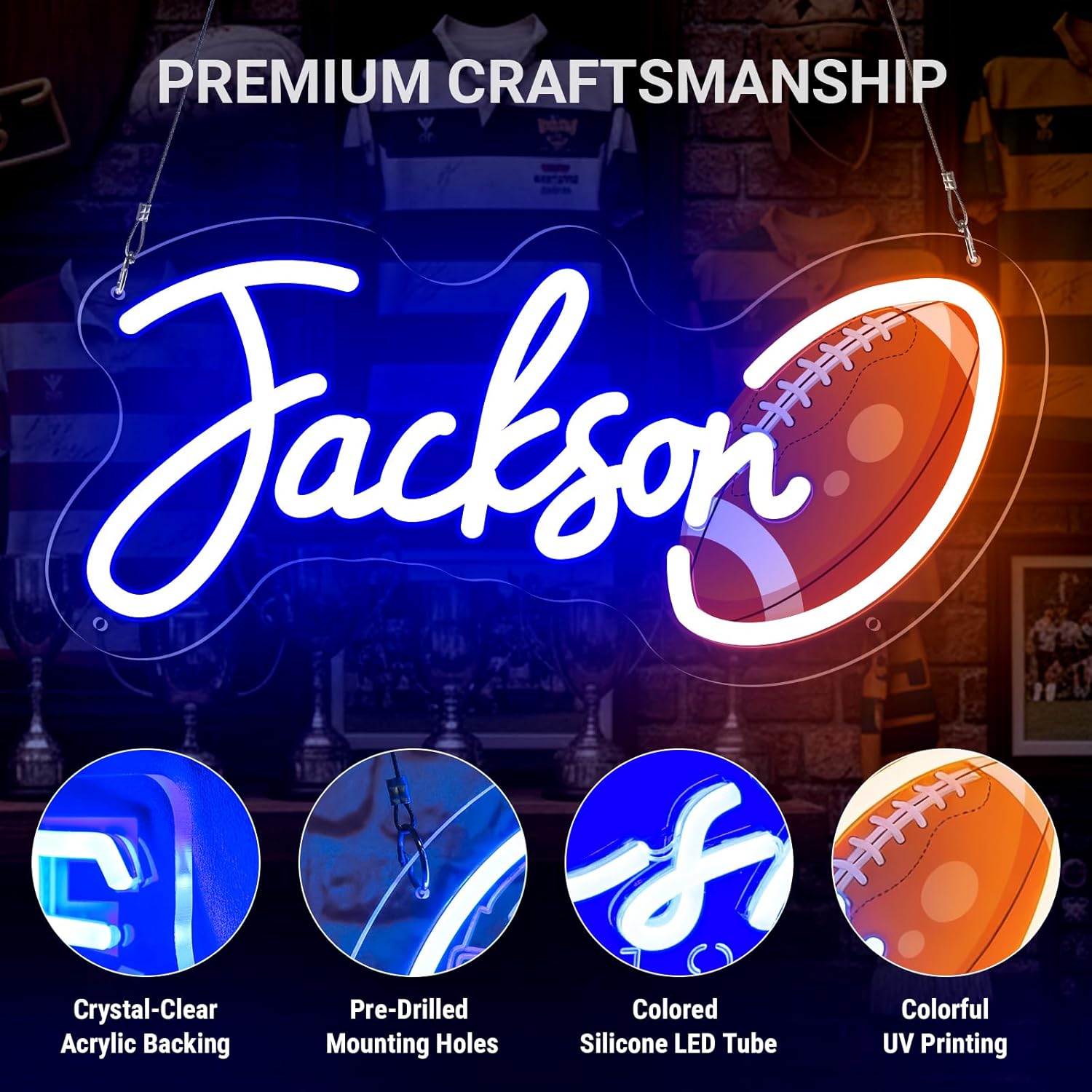 Custom Football Neon Sign for Teen Boys, Personalized Name Signs LED Wall Decoration for Man Cave Mens Bedroom Game Room Rugby Sports Fan Gift