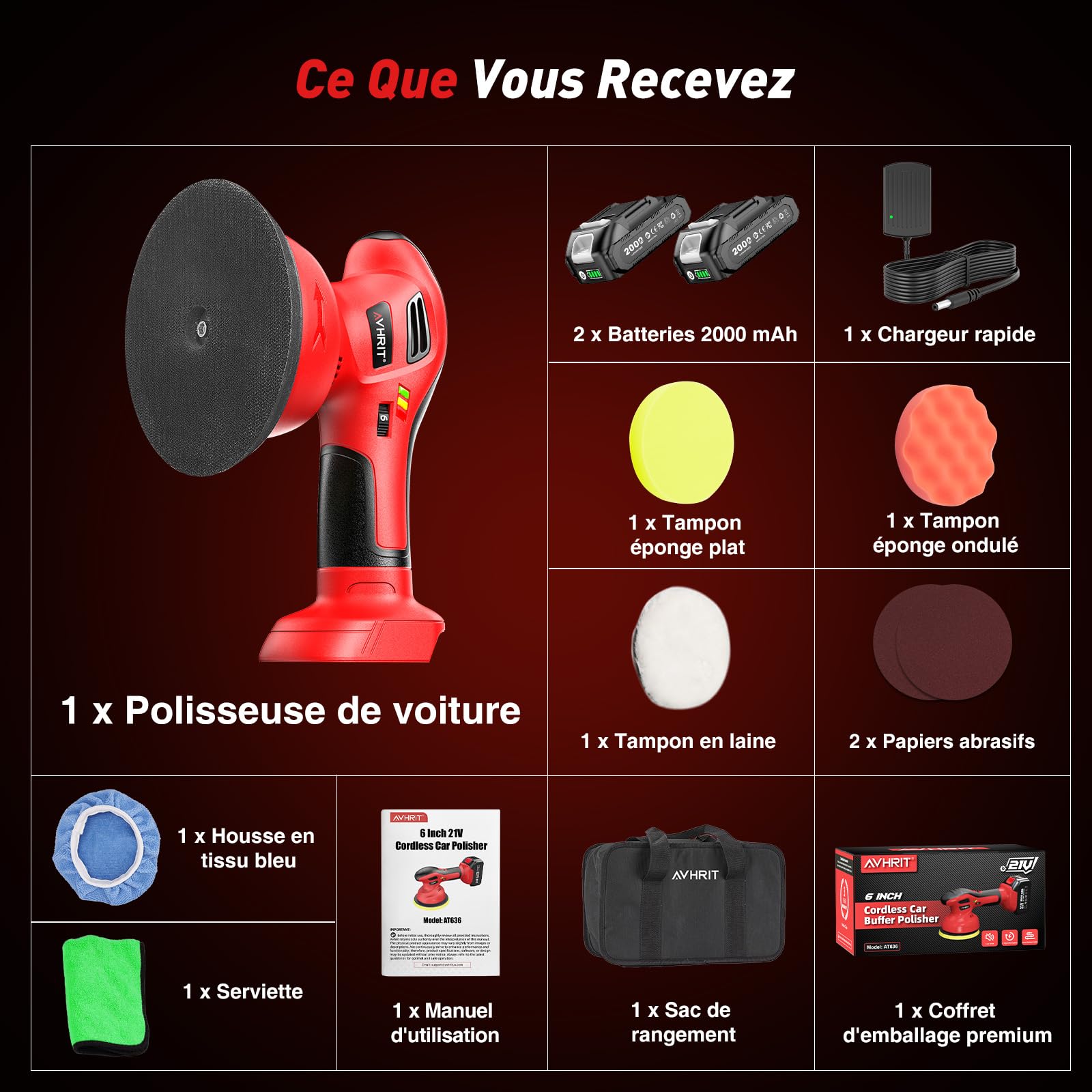 Polisseuse Voiture Sans Fil, Sac de Rangement, Detailing Automobile | Kit Polissage Voiture 13 Pièces, 2 batteries 2000 mAh, Orbitale 8 mm, Lustreuse Orbitale pour Cirage et Rénovation Automobile