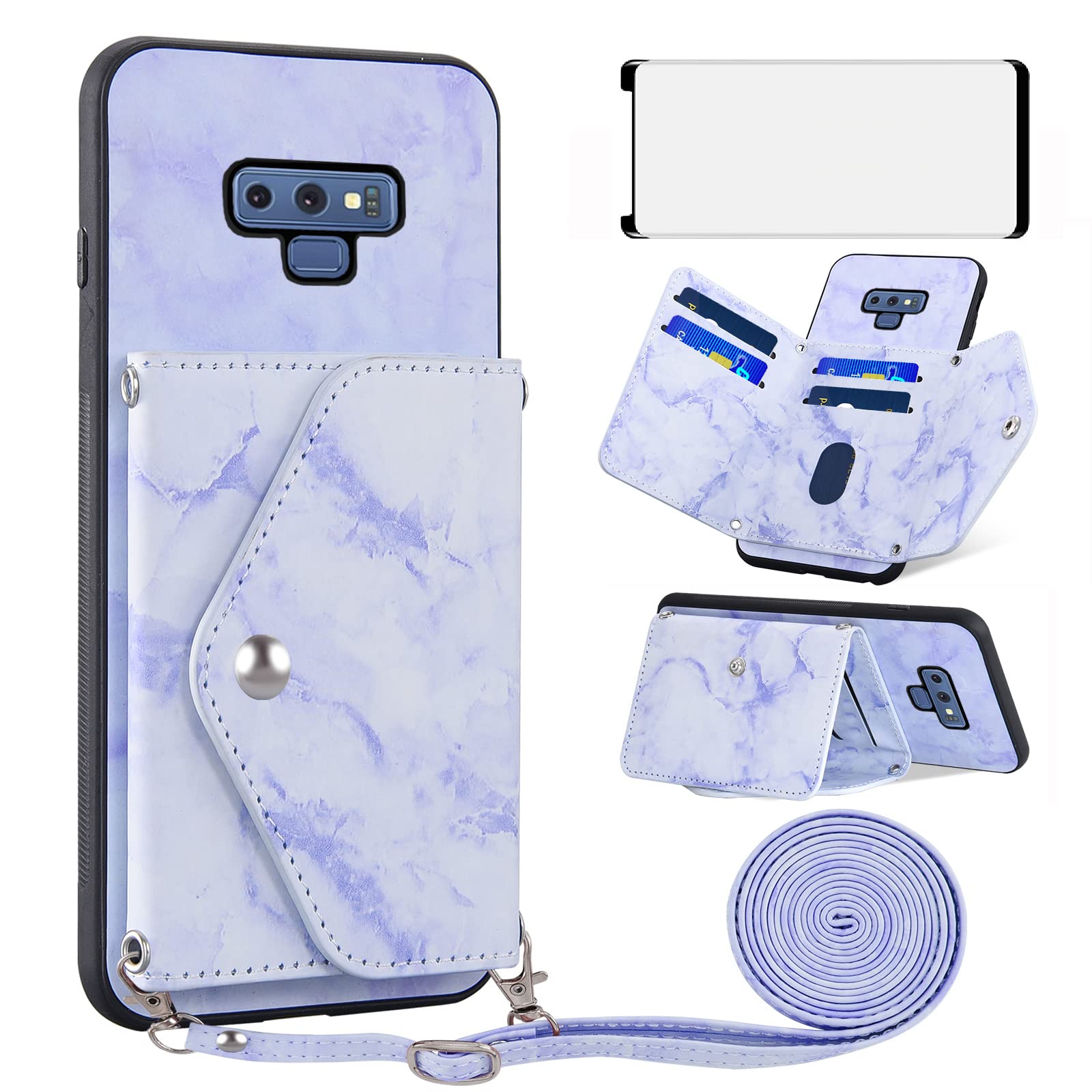 Phone Case for Samsung Galaxy Note Wallet Cover with Screen Protector  Crossbody Strap Lanyard Marble Credit Card Holder Stand Cell Accessories