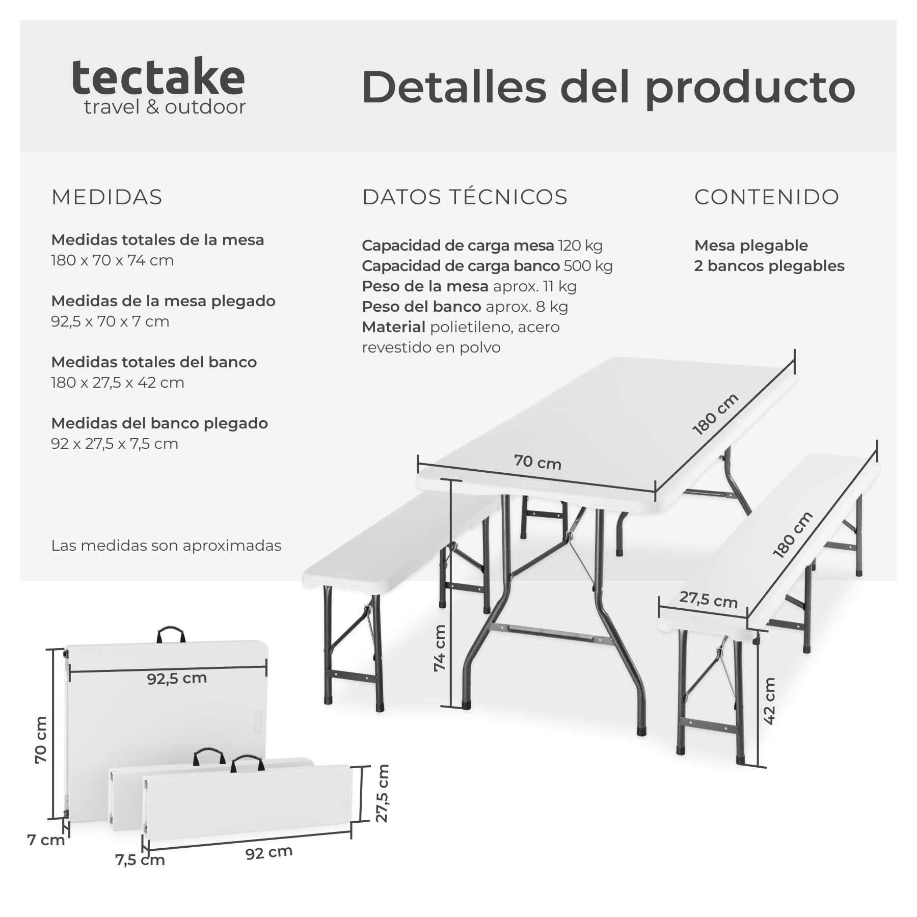 tectake® Conjunto Jardin Exterior con Mesa Plegable Camping 180 x 70 x 74 cm y 2 Banco Jardin Exterior 180 x 27,5 x 42 cm, hasta 8 Personas, Accesorios Camping, Mesa Auxiliar - Blanco