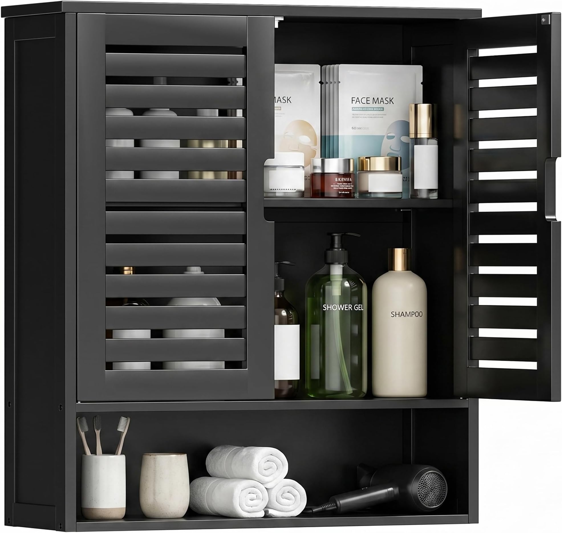 SMIBUY Bathroom Cabinet Wall Mounted, Bamboo Over-The-Toilet Storage Organizer, Space Saver Medicine Cabinet with 2 Door and Adjustable Shelves (Black)