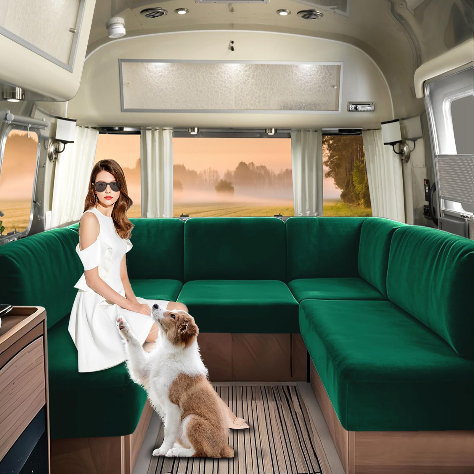SHUOJIA Caravan Seat Covers Velvet, Motorhome Seat Cover with Elastic-band and Lacing, RV Sofa Cushion Cover for camper Washable（Green-3-W140-185 cm,D70-95 cm）