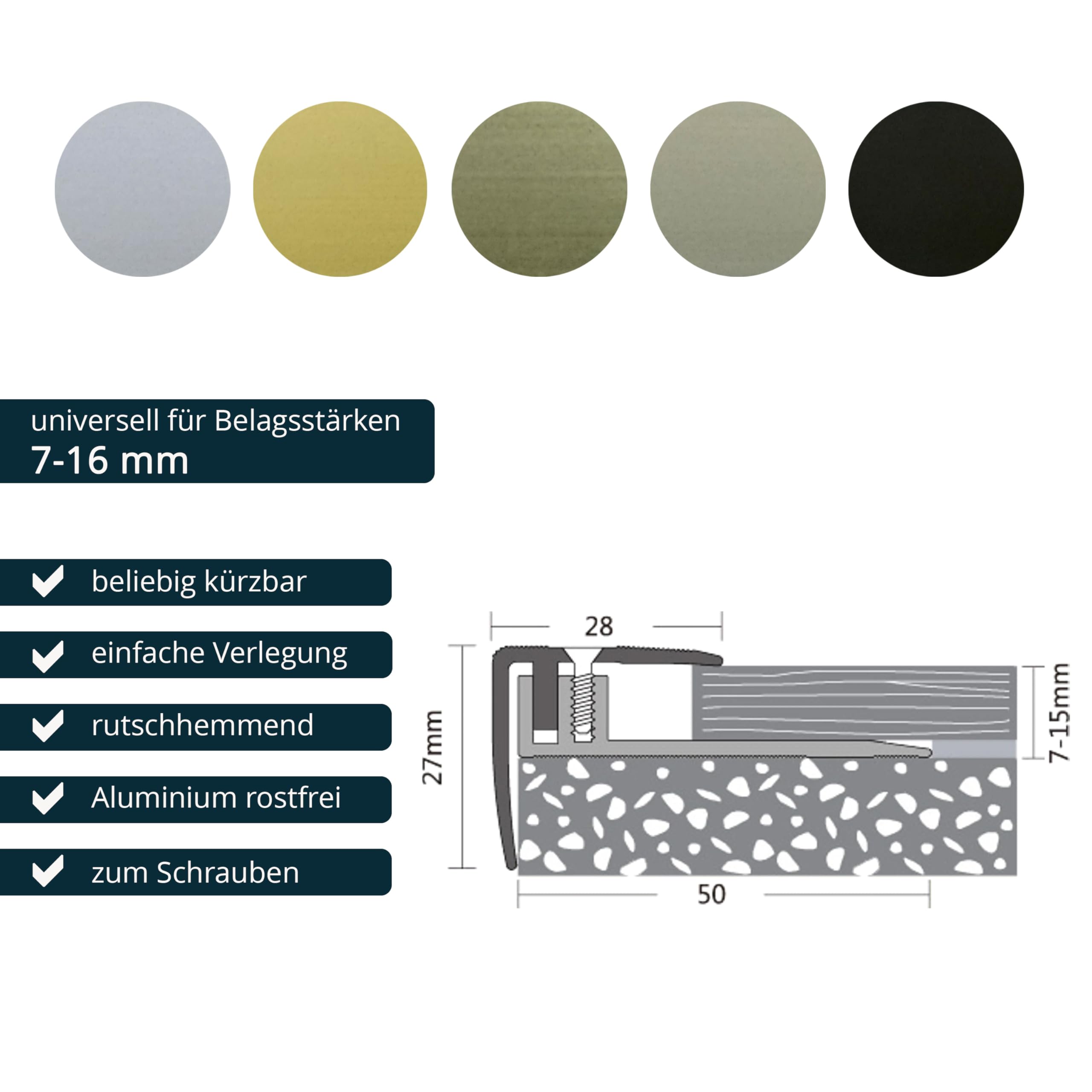 ufitec® TPLprofi 7-16 system profilowy do podłóg parkietowych i laminowanych - do wykładzin o wysokości 7-16 mm - dostępny w wielu kolorach (profil krawędzi schodów 270 cm, srebrny)