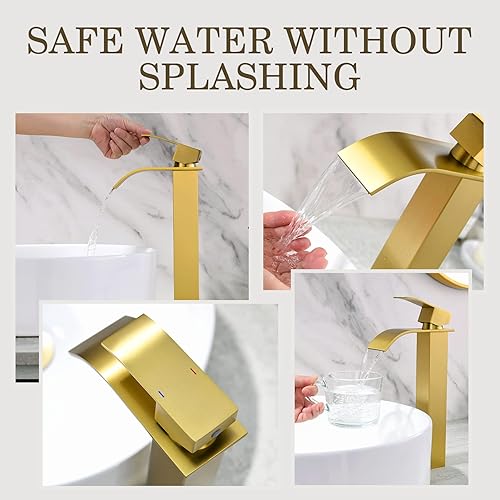Miniatura 5 de Grifo de lavabo dorado para lavabo, grifo de lavabo de baño alto de oro cepillado, grifo de baño de cascada para fregaderos de buque, grifo de
