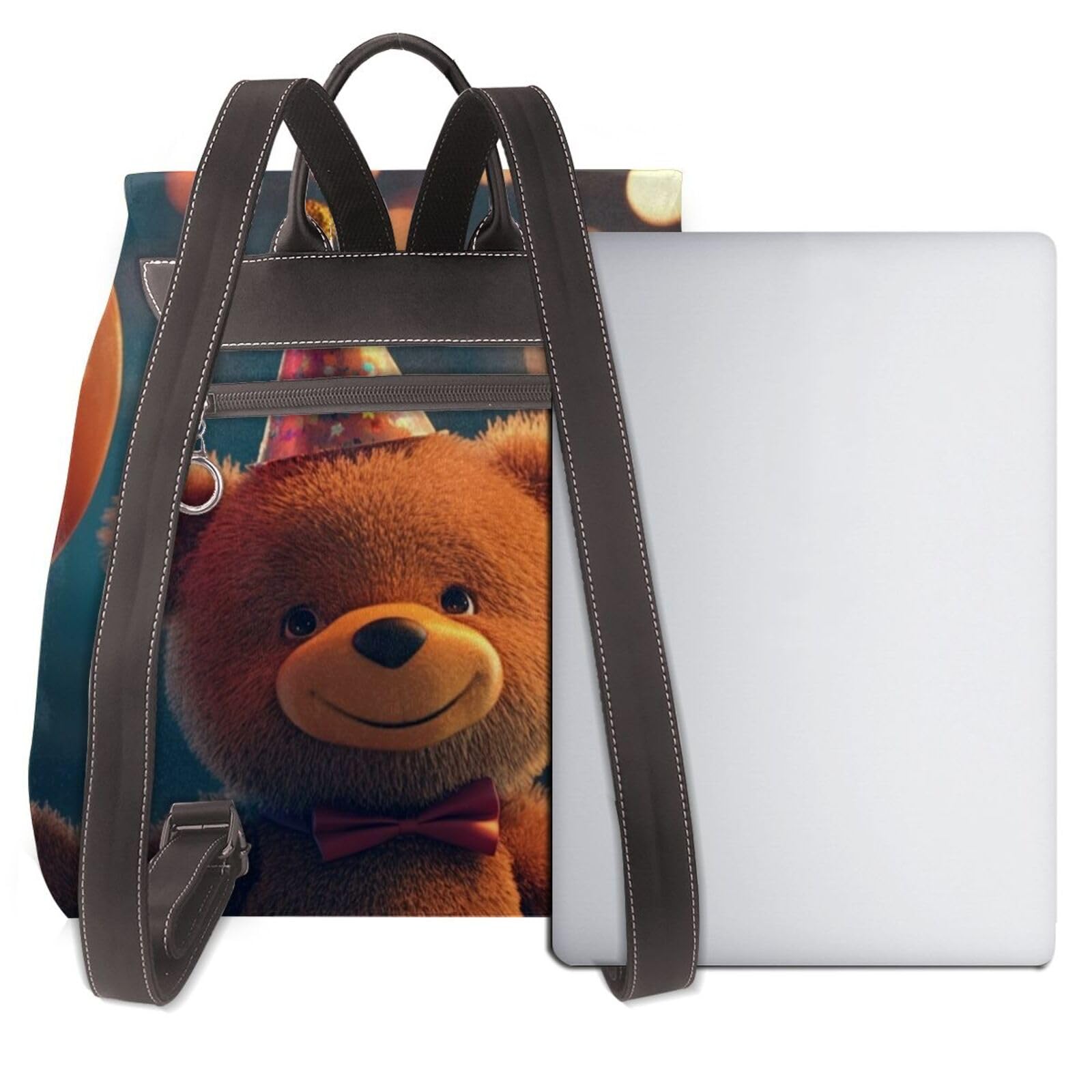 Ein Teddybär, der einen Ballon hält, modischer Damen-Rucksack, lässiger Rucksack, bedruckter Damen-Lederrucksack für die Arbeit
