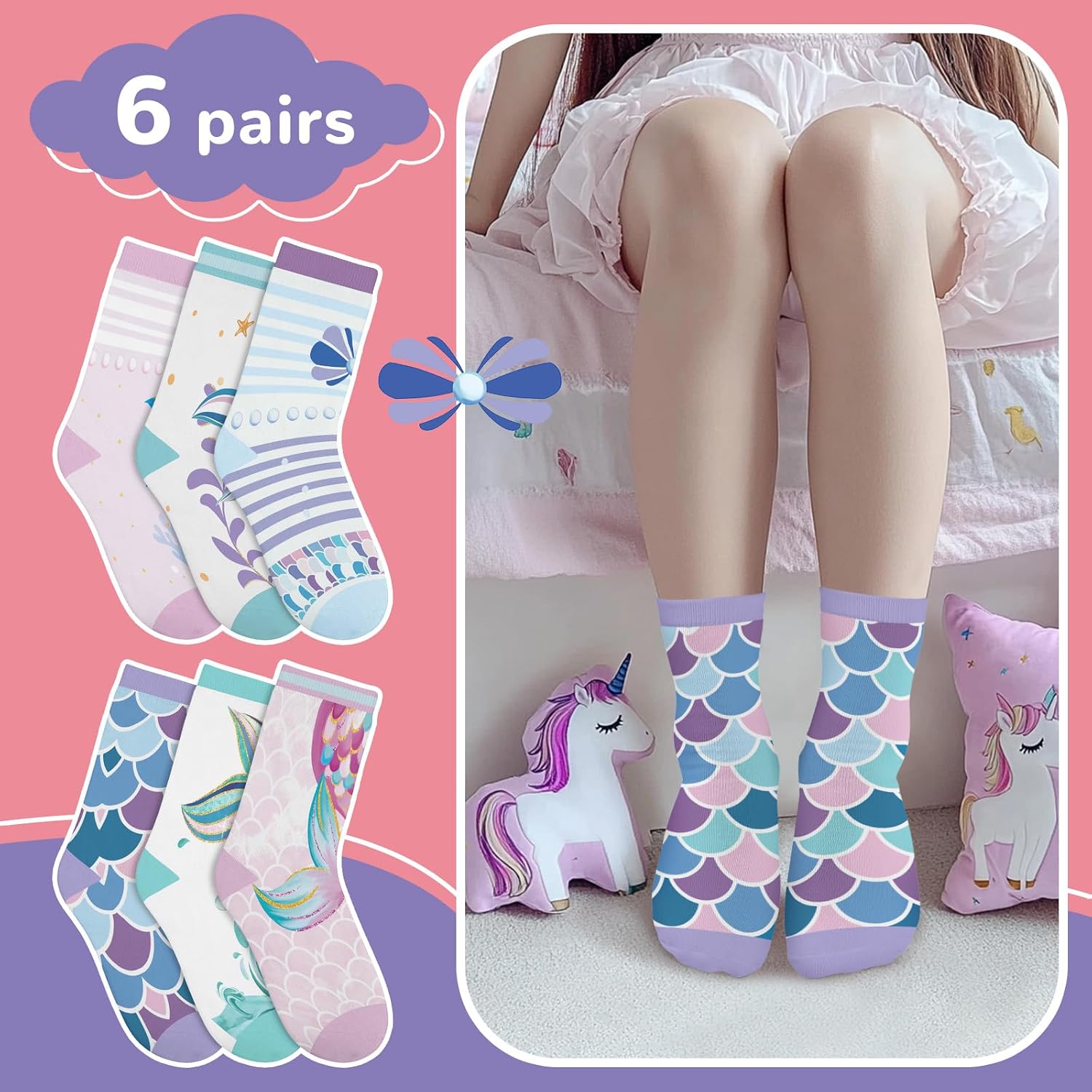 Girls Socks Mermaid Tail Unicorn Flowers Fruit Printed Pattern Cute Crew Ankle 6 Pairs 3-14Y Kids Birthday Gift