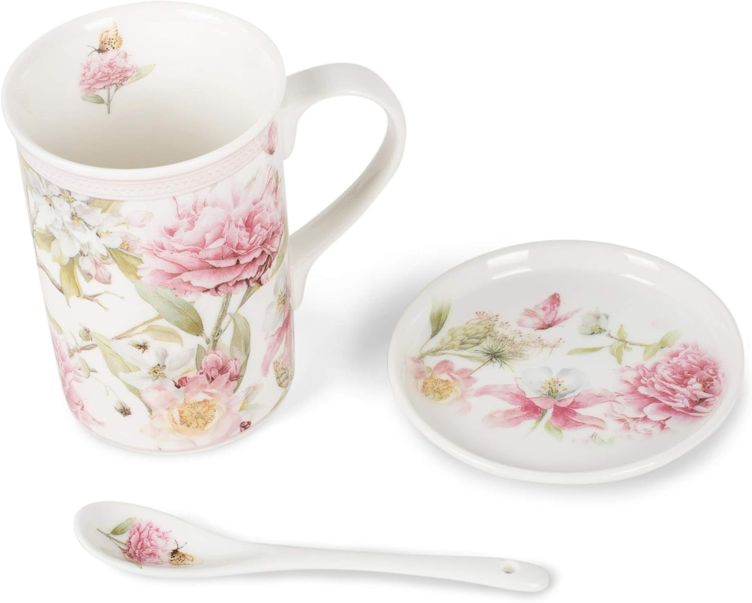 Delton Products 81526 Porcelain MugCoasterSpoon Set, Pink Peony Home & Kitchen