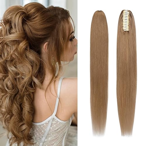 Extensión de cola de caballo de pelo humano con peineta y listón para atarse para niñas y mujeres, 1 pieza de pelo lacio y largo color negro oscuro