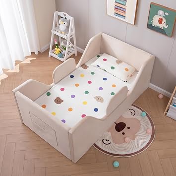 Zumspiel Toddler Floor Bed with Removable Safety Rails and Storage Bag, Kids Bed for Girl and Boys, Standard Crib Size, Safety Upholstered Child Beds, Low to Floor Design