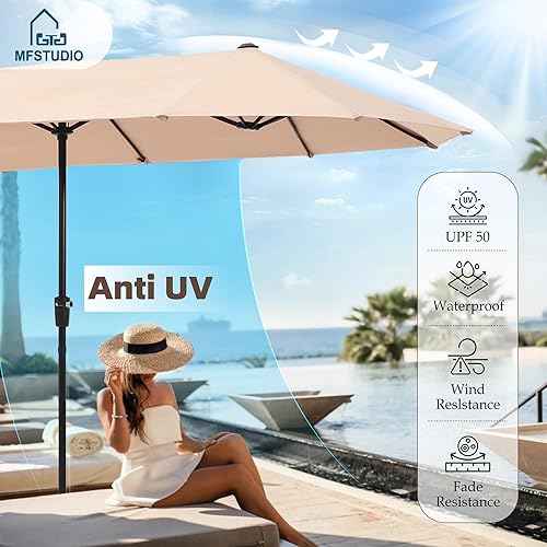 Miniatura 7 de MFSTUDIO Juego de comedor de patio para 6, juego de muebles de patio con sombrilla (beige), 6 sillas de listones de acero, 1 mesa rectangular grande