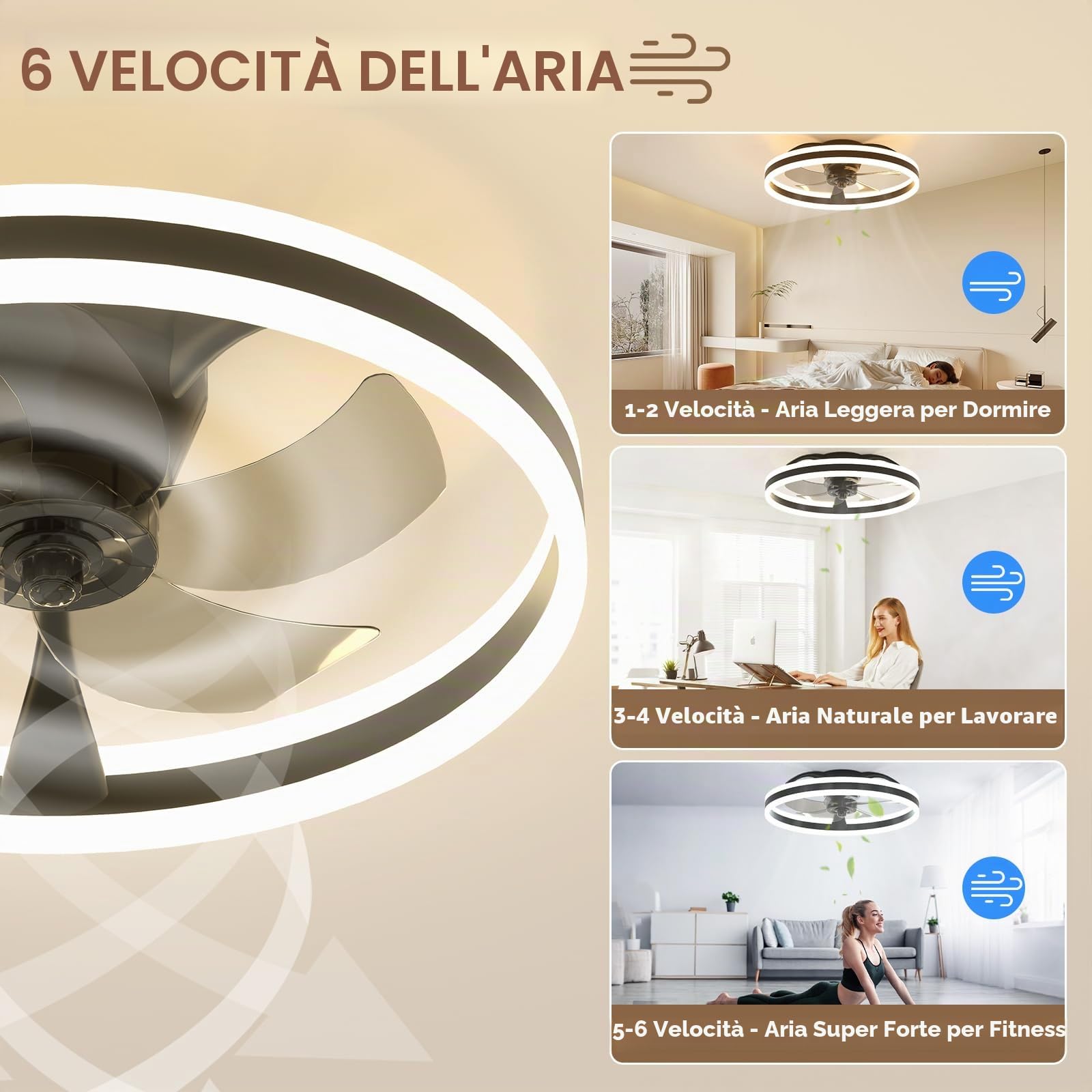 NIORSUN Ventilatore da Soffitto da Con Llluminazione, 3000-6500K 6 Velocità del Vento Regolabile, Dimmerabile, Luce LED da 50cm, Con Telecomando e App, Modalità Estate e Lnverno, Timer,Nero