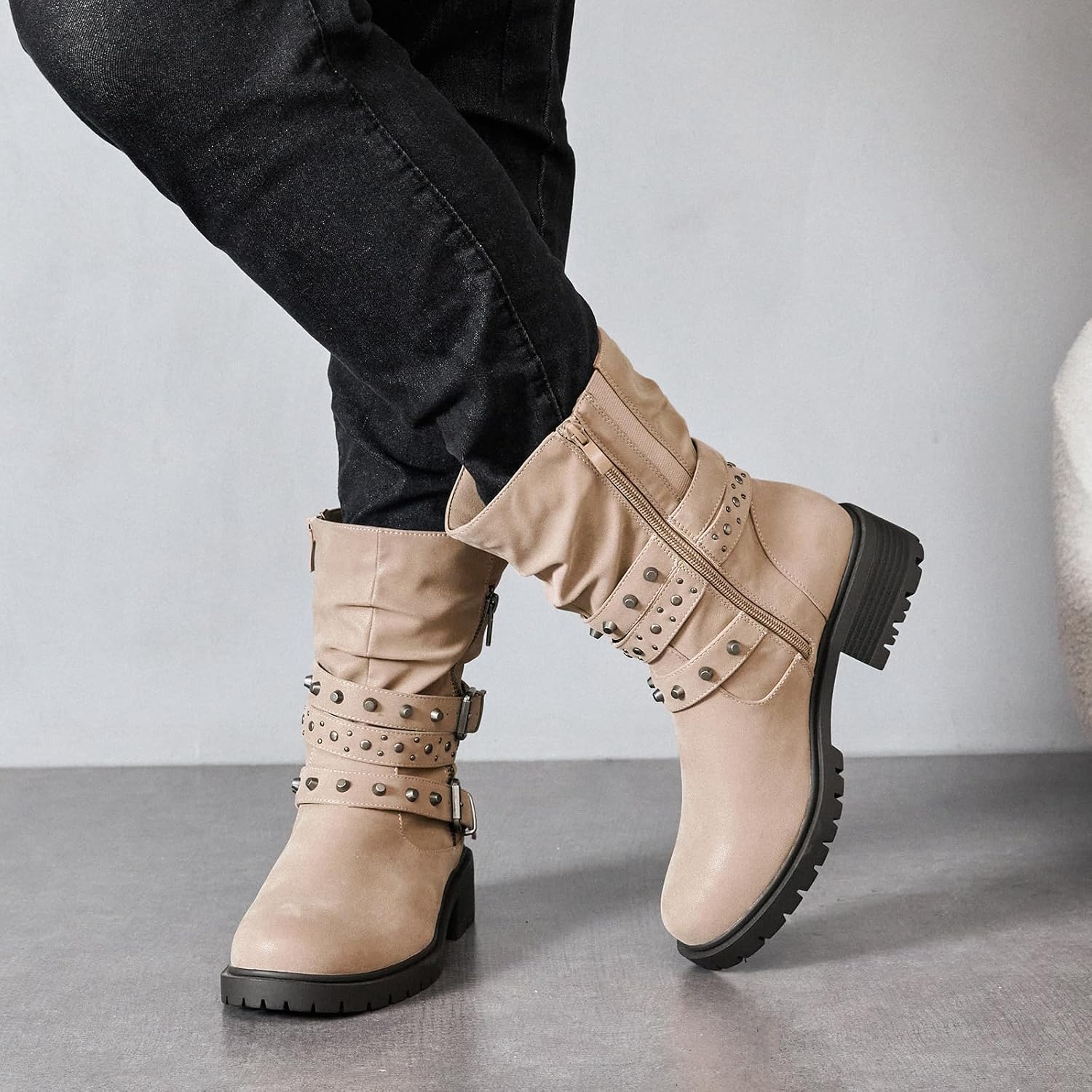 Ruiee Women's Wide Width Ankle Boots True Plus Size Wide Foot Flat Slouchy Booties Comfort Riding Combat Rivet Short Boots for Women.