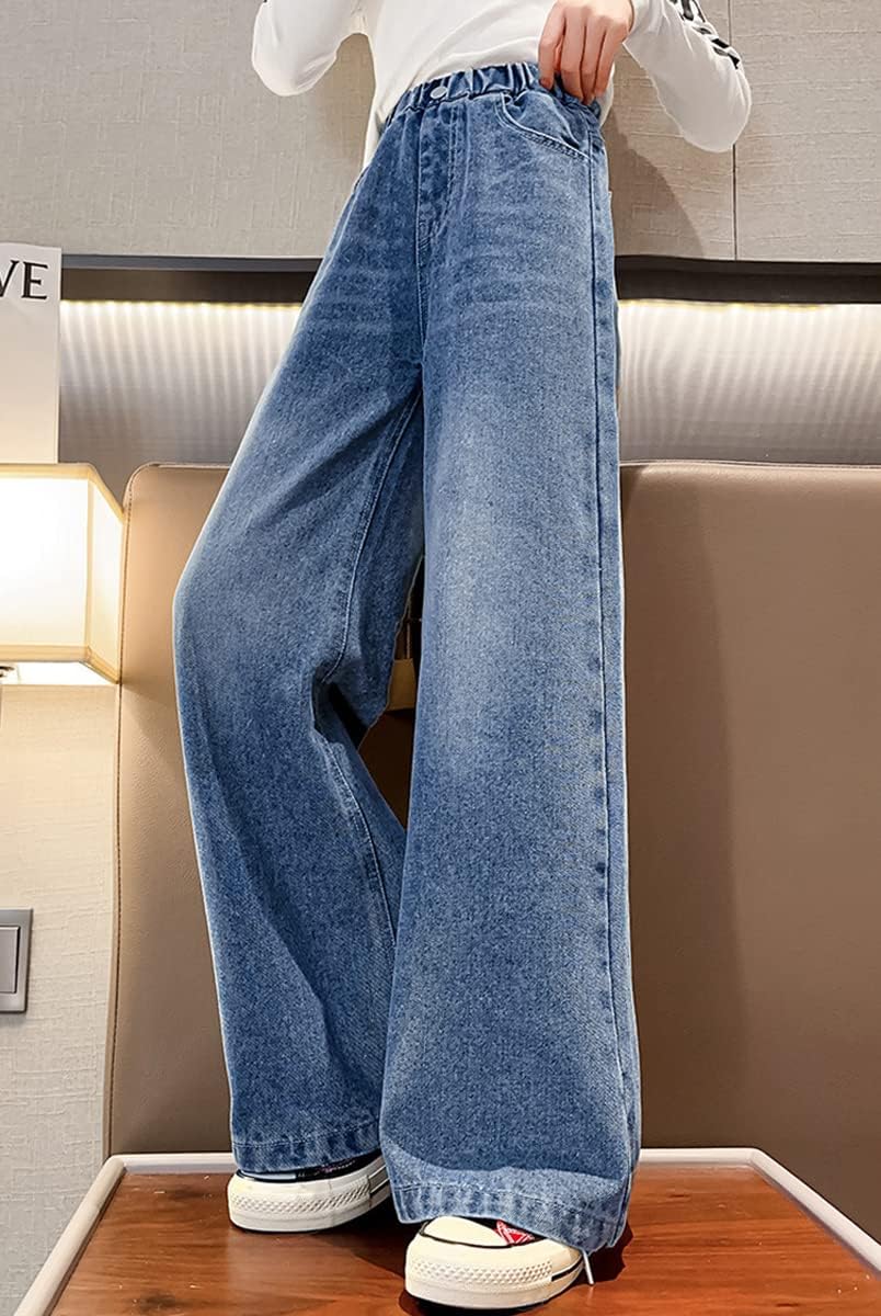 Girls Baggy Wide Leg Jeans Elastic Waist Casual Washed Denim Pants Age 5-14 - Image 3
