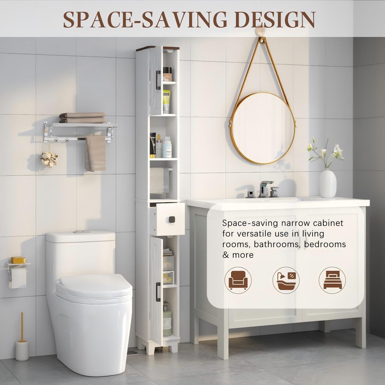 EROMMY Narrow Bathroom Storage Cabinet,71'' Tall Slim Bathroom Cabinet with Adjustable Shelves & Towel Bar, Skinny Freestanding Floor Cabinet for Small Space, Living Room, Shower Room, White