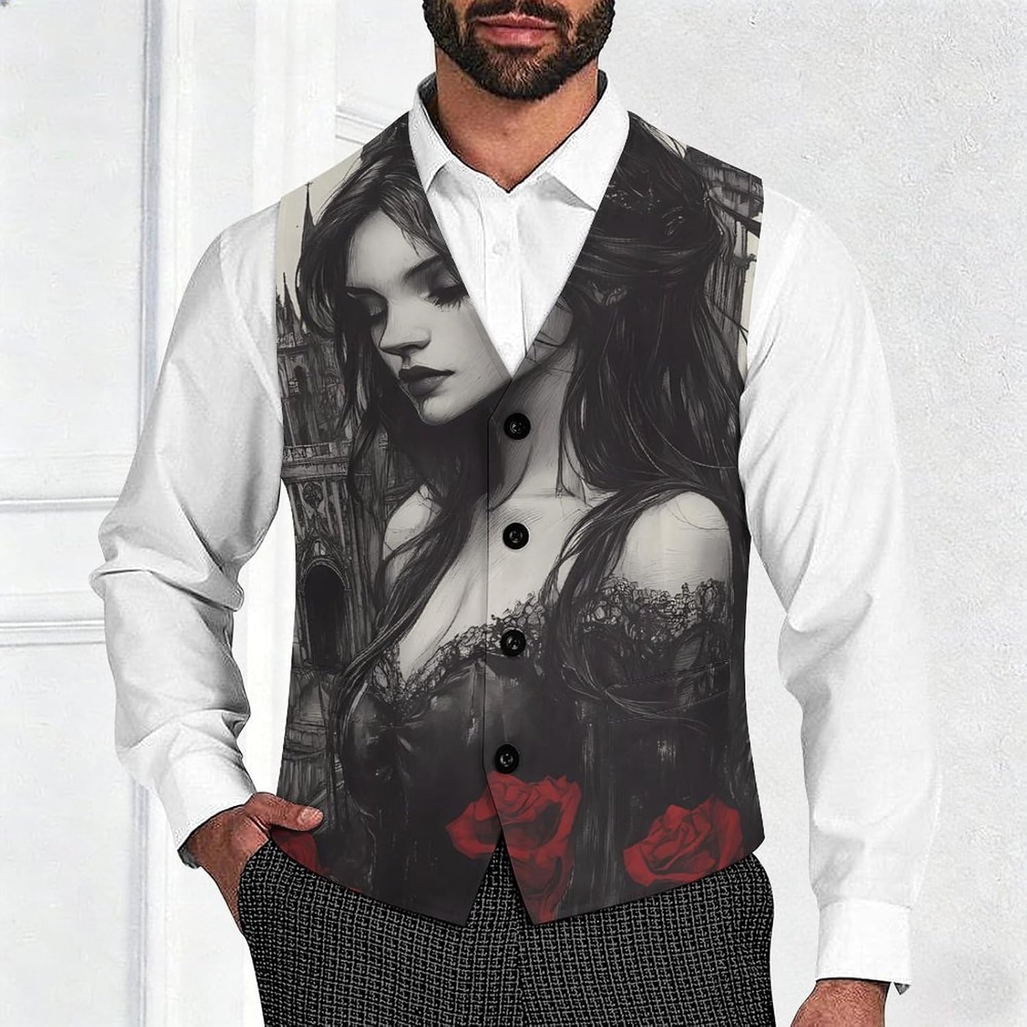 Gothic Rose Horror Dark Suit Vest for Men Blazer Casual V-Neck Slim Fit Waistcoat