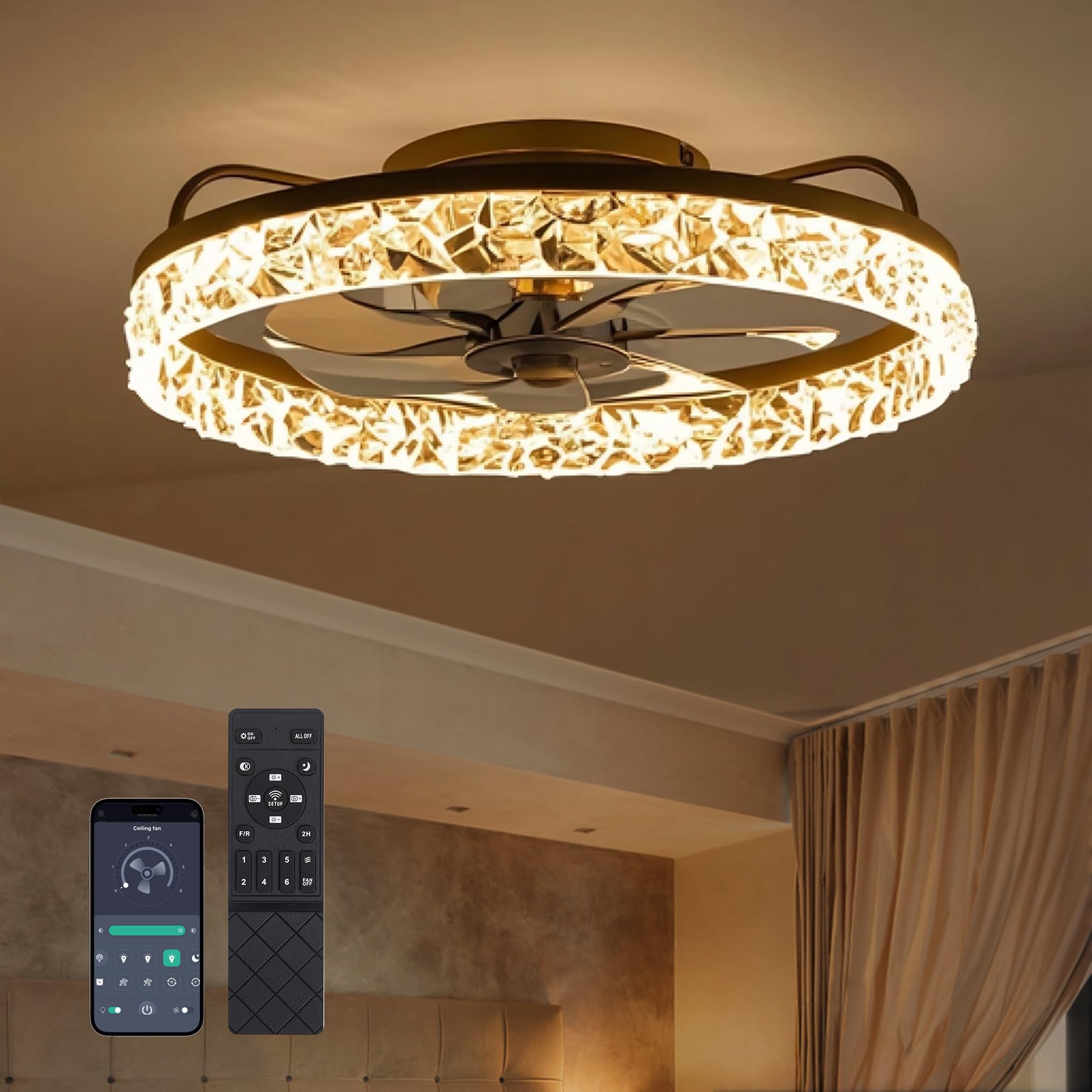 Photo 1 of [Item damaged] DIAMONDFORGE Ceiling Fans with Remote and Lights Fandelier - Modern Low Profile - 20'' Flush Mount Ceiling Fans for Bedroom,6 Speeds and Stepless Color Temperature- Crystal and Black