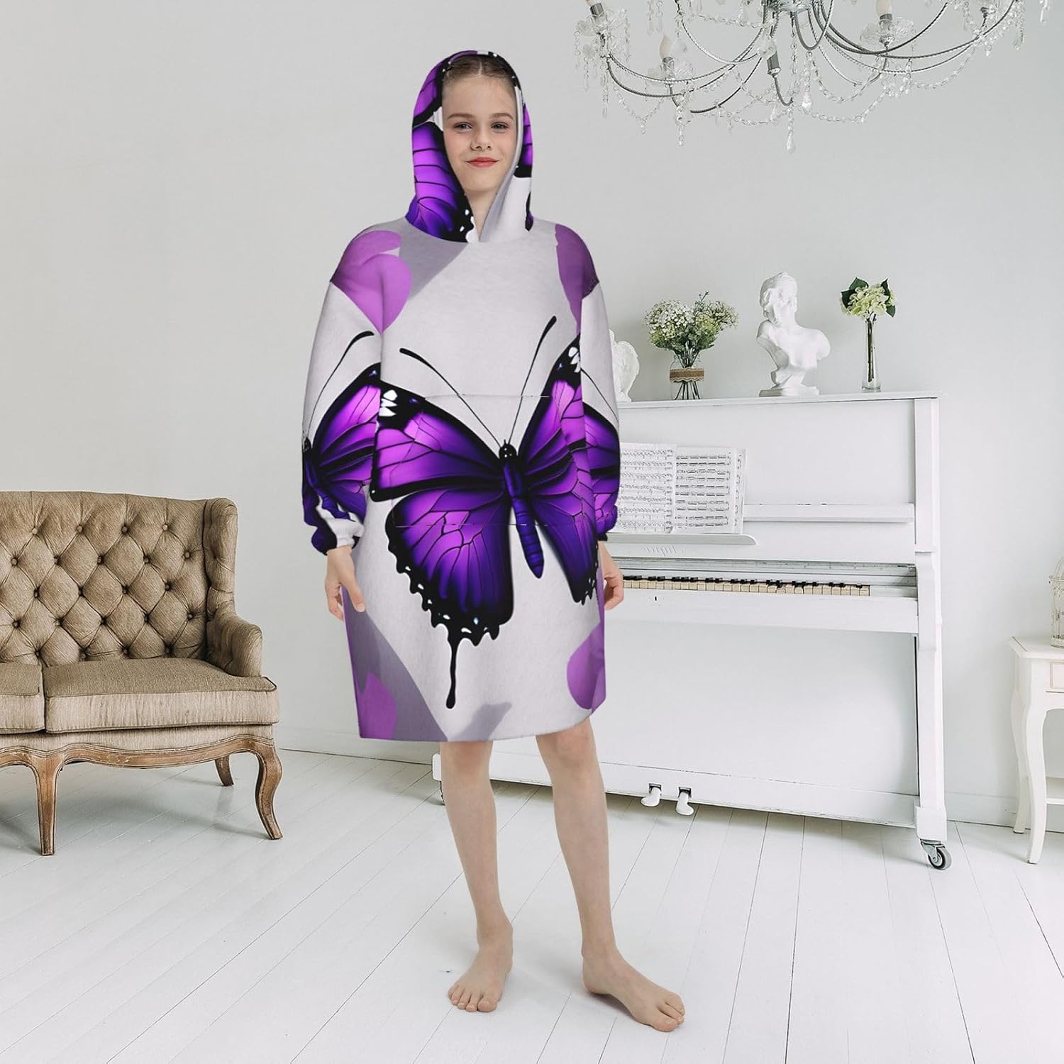 Purple Butterfly And Flower 1 Print Oversized Blanket Hoodie, Wearable Blanket Hooded,Hooded Pullover With Pocket