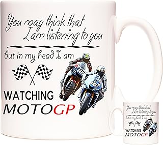 KAZMUGZ Motor Cycle Racing Mug. in My Head I Am Watching MotoGP. 11oz Ceramic White Mug with Pictures of Motorbike Racing.