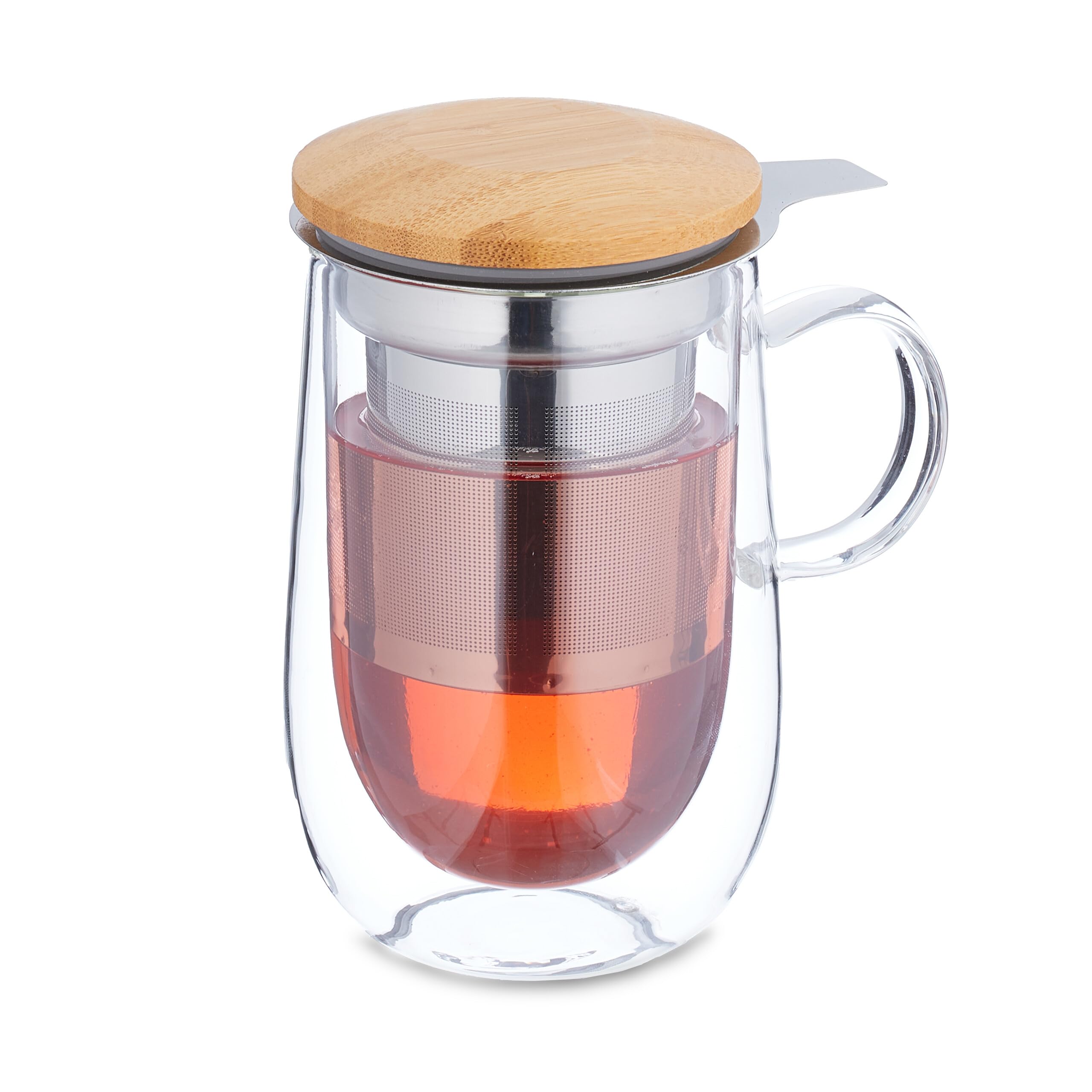 Relaxdays Teeglas – doppelwandiges Glas mit Edelstahl-Sieb, Bambusdeckel und Henkel, 430 ml