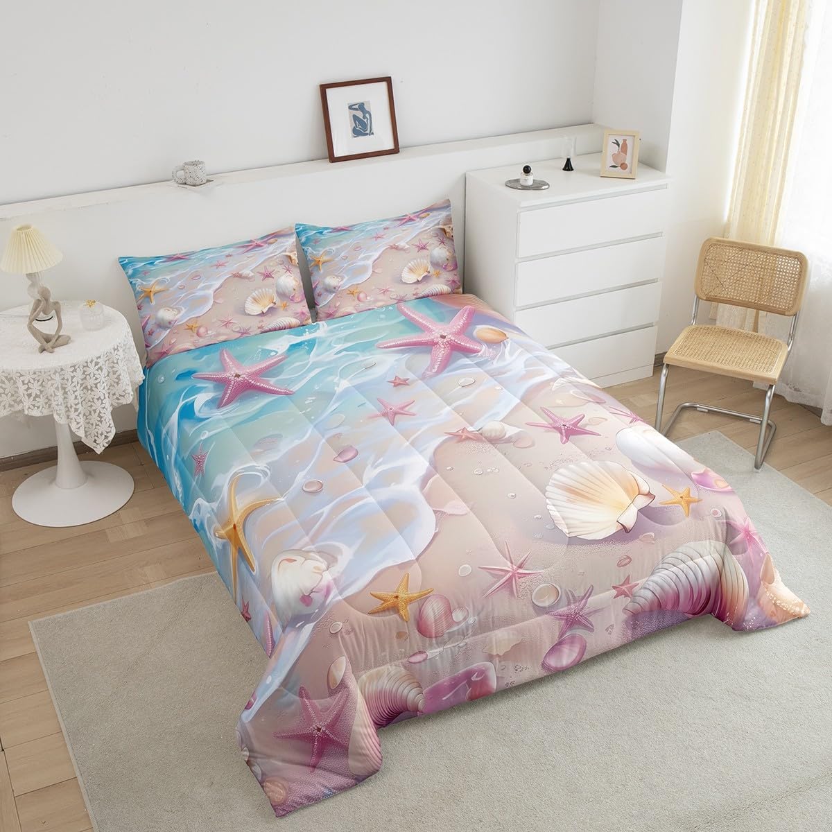 Castle Fairy Pink Blue Beach Bedding Set Queen Size,Starfish Shell Conch Comforter Set,Romantic Hawaii Ocean Theme Quilt Set for Kids Girls Boys Women Room Decor,Summer Sea Romantic Duvet Insert 3Pcs