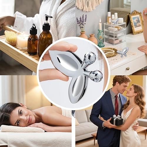 Miniatura 8 de Rodillo facial de hielo, rodillo de mariposa 3D para mujer, herramienta de masajeador facial Gua Sha de acero inoxidable para apretar la piel,