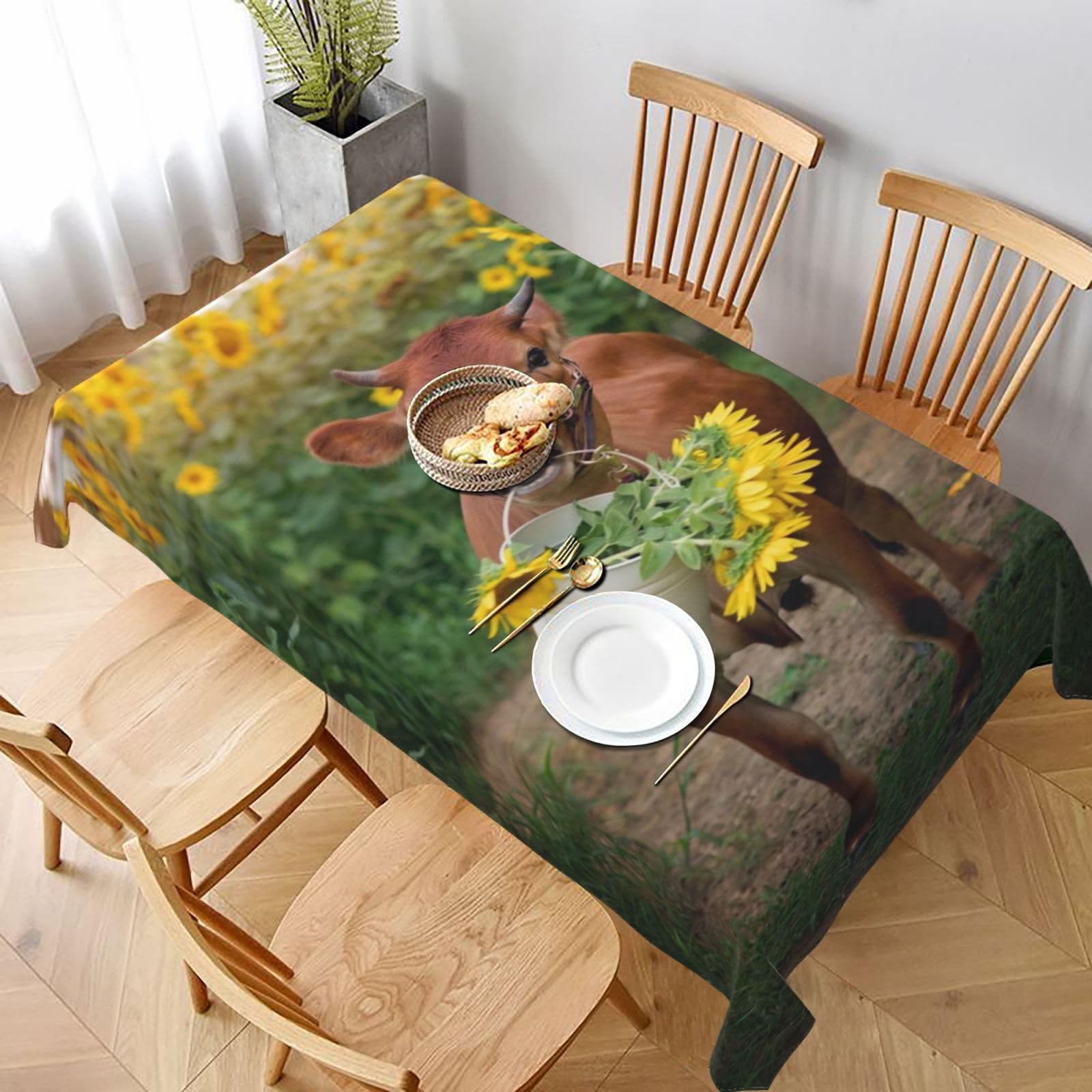 BNVSADC cow in sunflowers Printed Rectangle Tablecloth 228x152 CM, Water Resistant Polyester Table Cloth Decorative Fabric Table Covers for Kitchen Dining Table Parties Camping