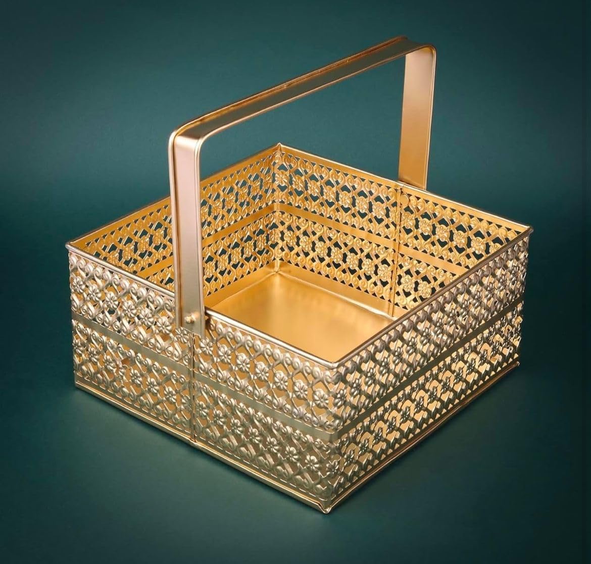 Metal Square Shape Flower Basket with Handle | Pooja Dalia Phool Dani Decorative Basket | Ideal For Wedding Gift Hamper, Flower, Pooja & Shelf Dry Fruits | Golden | Pack of 1 | 8.5 Inch-image-42