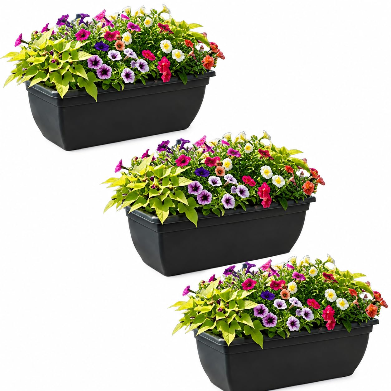 3 x Plastic Trough Planter 60cm – Rectangular Black Window Box for Flowers, Herbs, Vegetables, Plants,Small Bushes –Windowsill Rippled Finish – Outdoor/Indoor Optional Drainage Holes