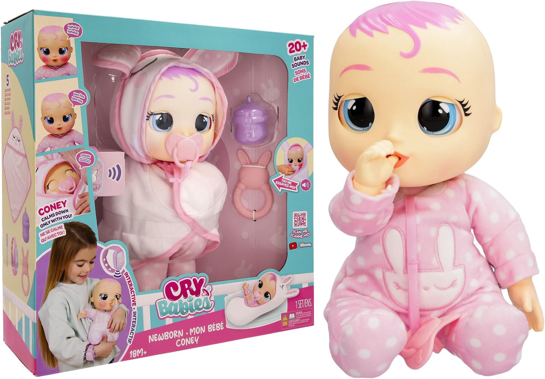 Cry Babies Newborn Coney - Deluxe Interactive Newborn Doll with A Smart Bracelet, Real Tears and Baby Accessories-Gift Toy for Girls and Boys Ages 18 Months and Up, Pink