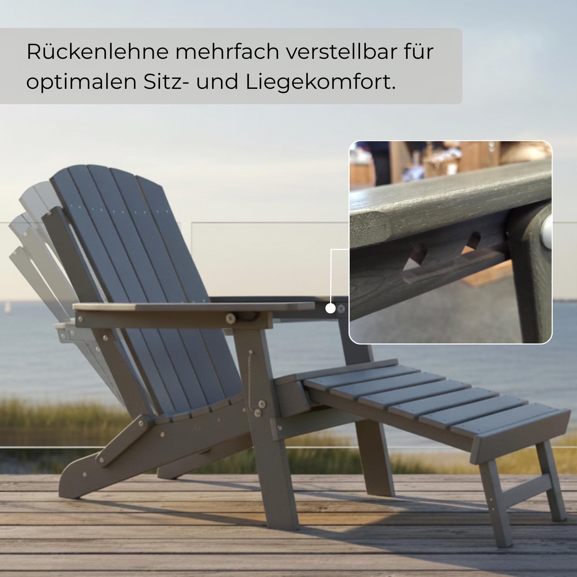 osoltus Adirondack Stuhl bis 150kg | Canadian Deck Chair | recycletes Plastic mit Holzstruktur | 3-Fach Verstellbarer Rückenlehne | ausziehbares Fußteil grau