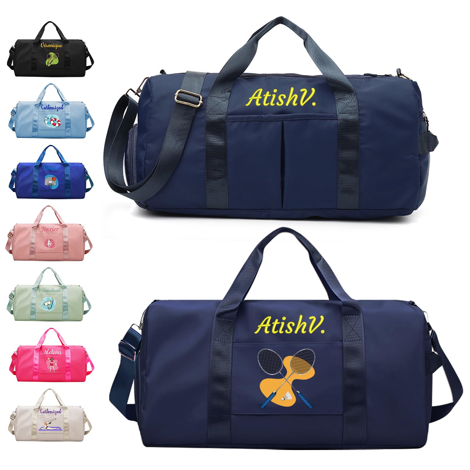 Personalized Duffle Bag with Embroidery Name/Color Print Logo, Sports Yoga Dance Gym Bag, Waterproof Dufflebag Weekend Getaway for Women Men, with Shoe and Wet Clothes Compartments-Dark Blue