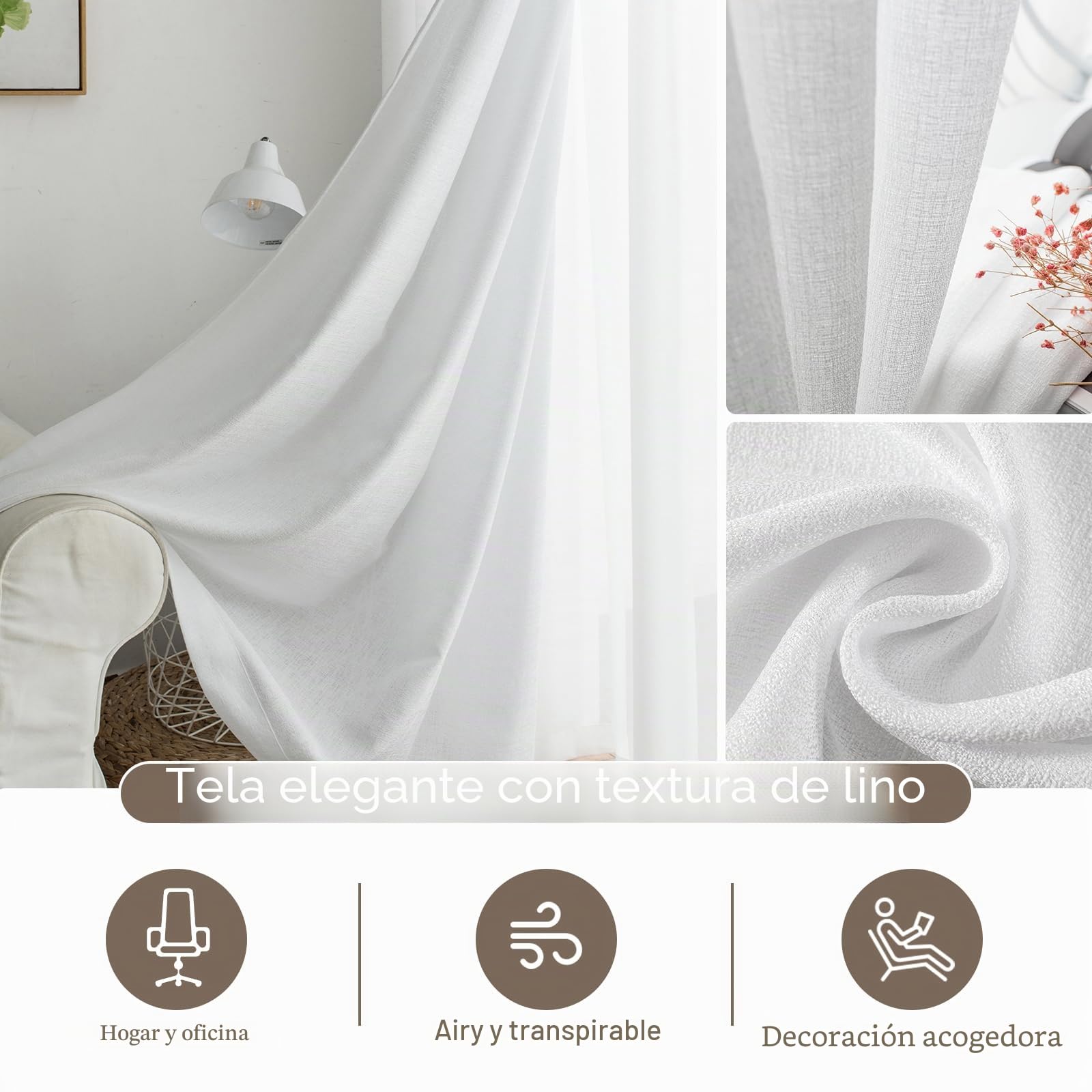 Melodieux Cortinas Visillos Blancas para Dormitorio Cortinas Translúcidas Salón 2 Piezas, 140x137cm