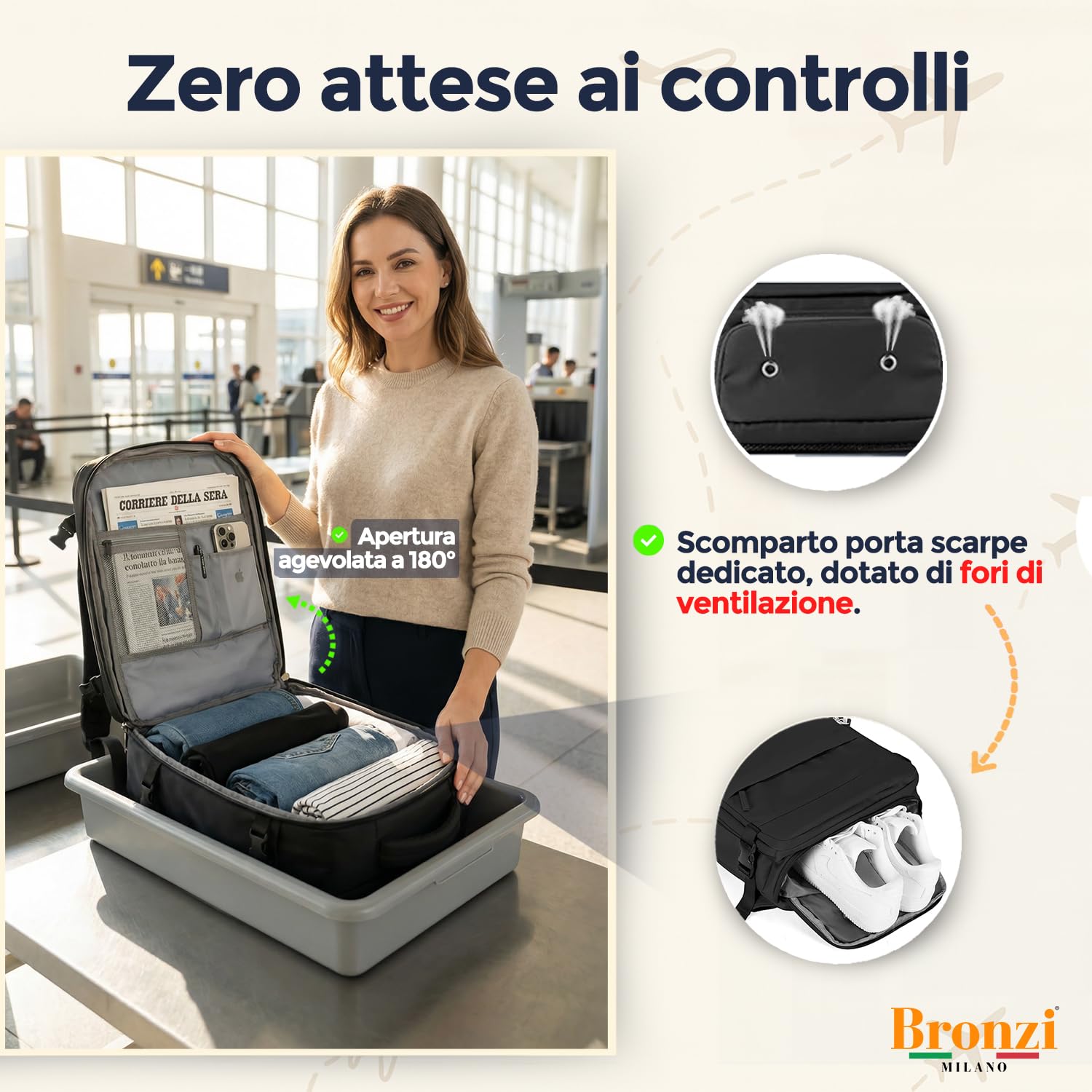 Bronzi® Zaino Ryanair compatibile 40x20x25 Zaino da Viaggio Aereo Bagaglio a Mano compatibile Ryanair | Wizzair 20L Piccolo Borsa da Cabina per Voli Borsa da Viaggio Aereo Zaini Casual Porta PC,Nero