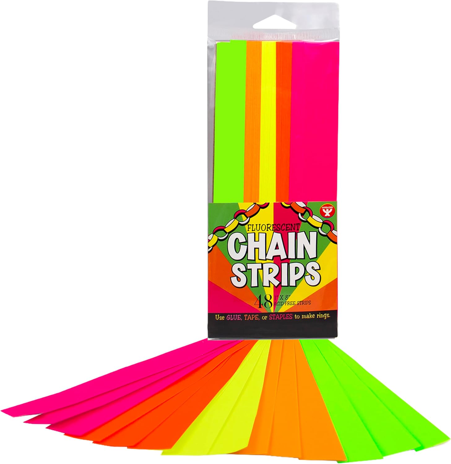 Hygloss 48 Neon Paper Chain Strips, Vibrant Cardstock Chains, 1x8 Inch, 5 Assorted Double-Sided Colors for DIY Garland, Classroom & Party Decorations