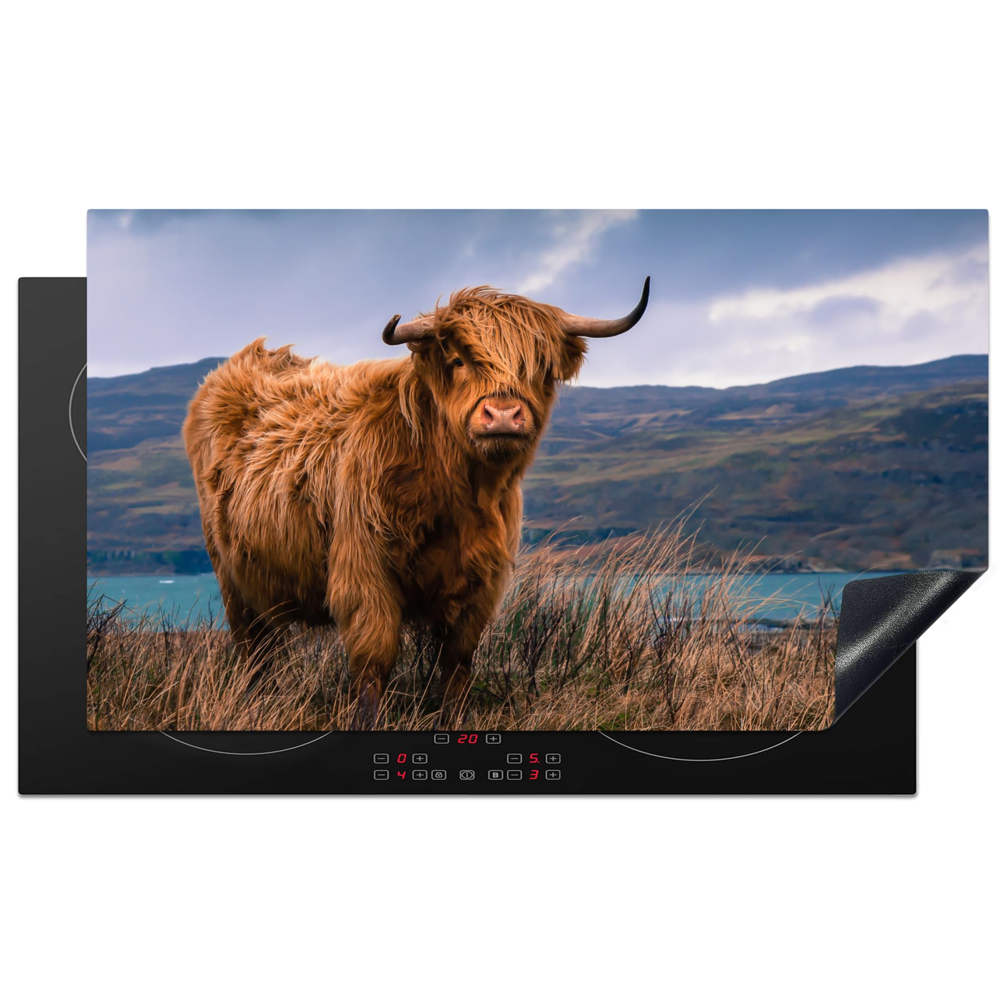 KitchenYeah© Induction Hob Protector Mat 20.3"x35.3" / 89.6x51.6 cm Cooker Top Protectors Cover Ceramic Covers Electric Hobs Vinyl Scottish Highlander - Mountain - Water - Nature - Cow