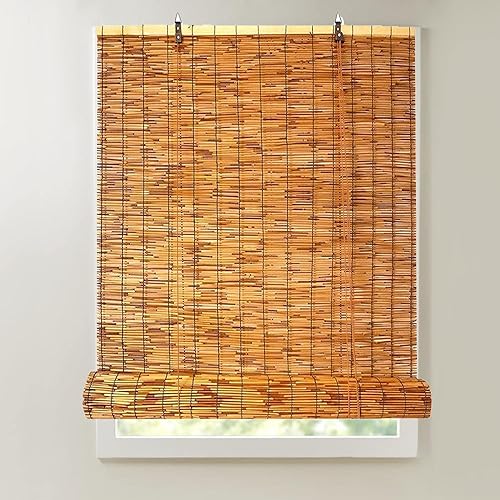 Persianas de bambú para patio, 24-66 pulgadas de ancho, sin cordones, enrollables, romanas, antirrayos UV (26.8 x 17.7 x 9 pulgadas, 66 pulgadas de