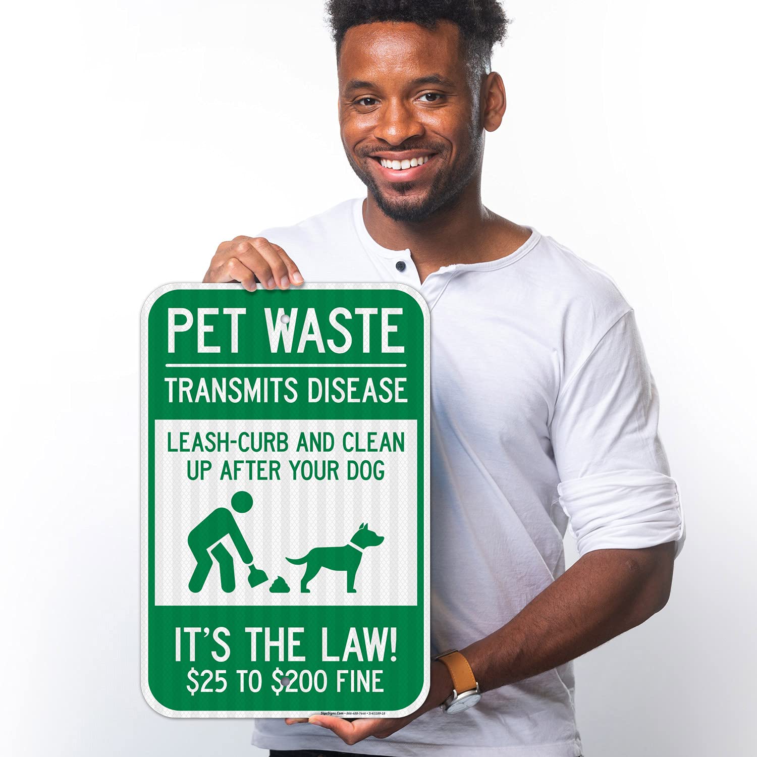 Pet Waste Leash-Curb and Clean Up After Your Dog It's The Law $25 to $200 Fine Sign, 12x18 Inches, 3M EGP Reflective .063 Aluminum, Fade Resistant, Made in USA