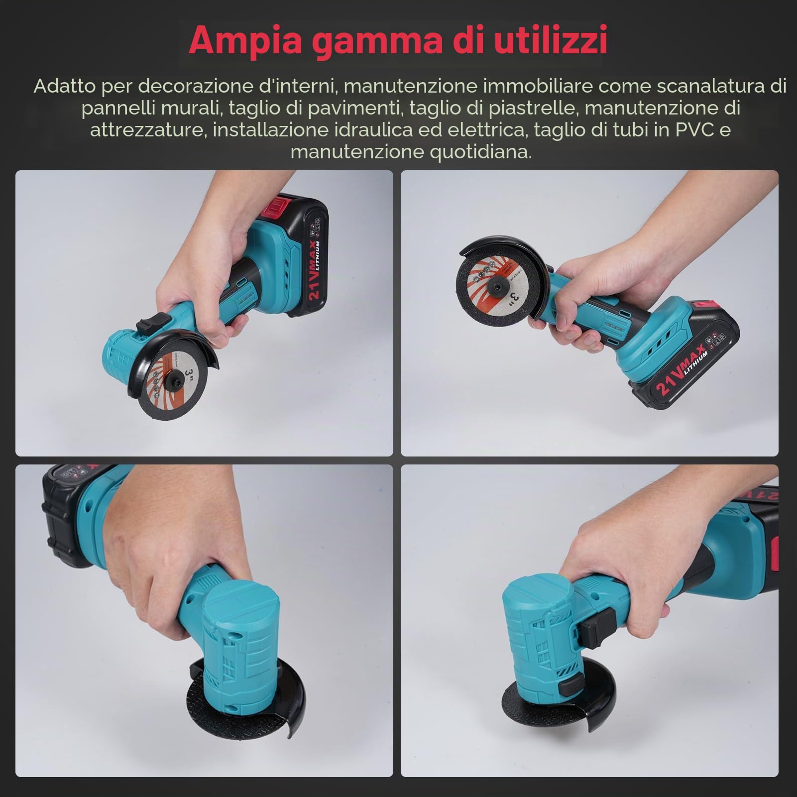 Set di smerigliatrice angolare a batteria da 21 V con motore elettrico brushless a 19.000 giri/min, potenti strumenti per smerigliatrici angolari con 2 caricabatterie da 1300 mAh per taglio