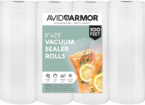 Avid Armor Vacuum Sealer Bags - 4 Pack, 8x25 Rolls | BPA-Free Vacuum Seal Bags for Food Storage, Meal Prep, Sous Vide | Heavy Duty Vacuum Sealer Bags, Fits Foodsaver & Seal a Meal