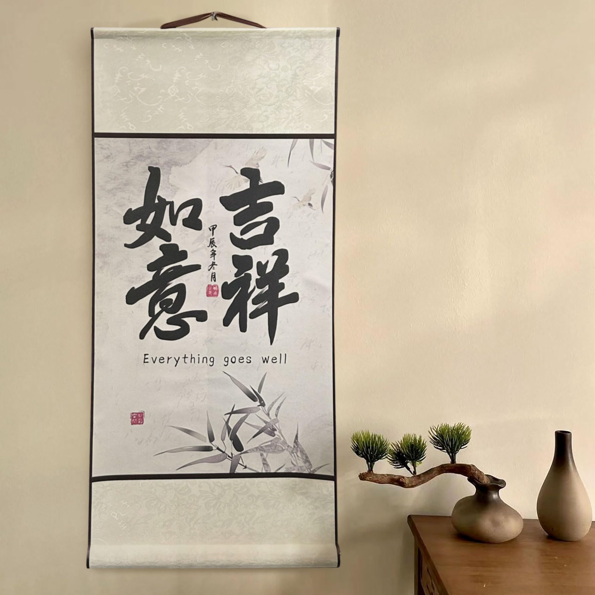 BACH AND BOUJEE Chinesische Kultur Malerei Scrolls Silk Hanging Paintings Alles läuft gut Asiatische Dekoration für Zuhause Hängende Gemälde für Wohnzimmer Chinesischer Segen Hängende Malerei