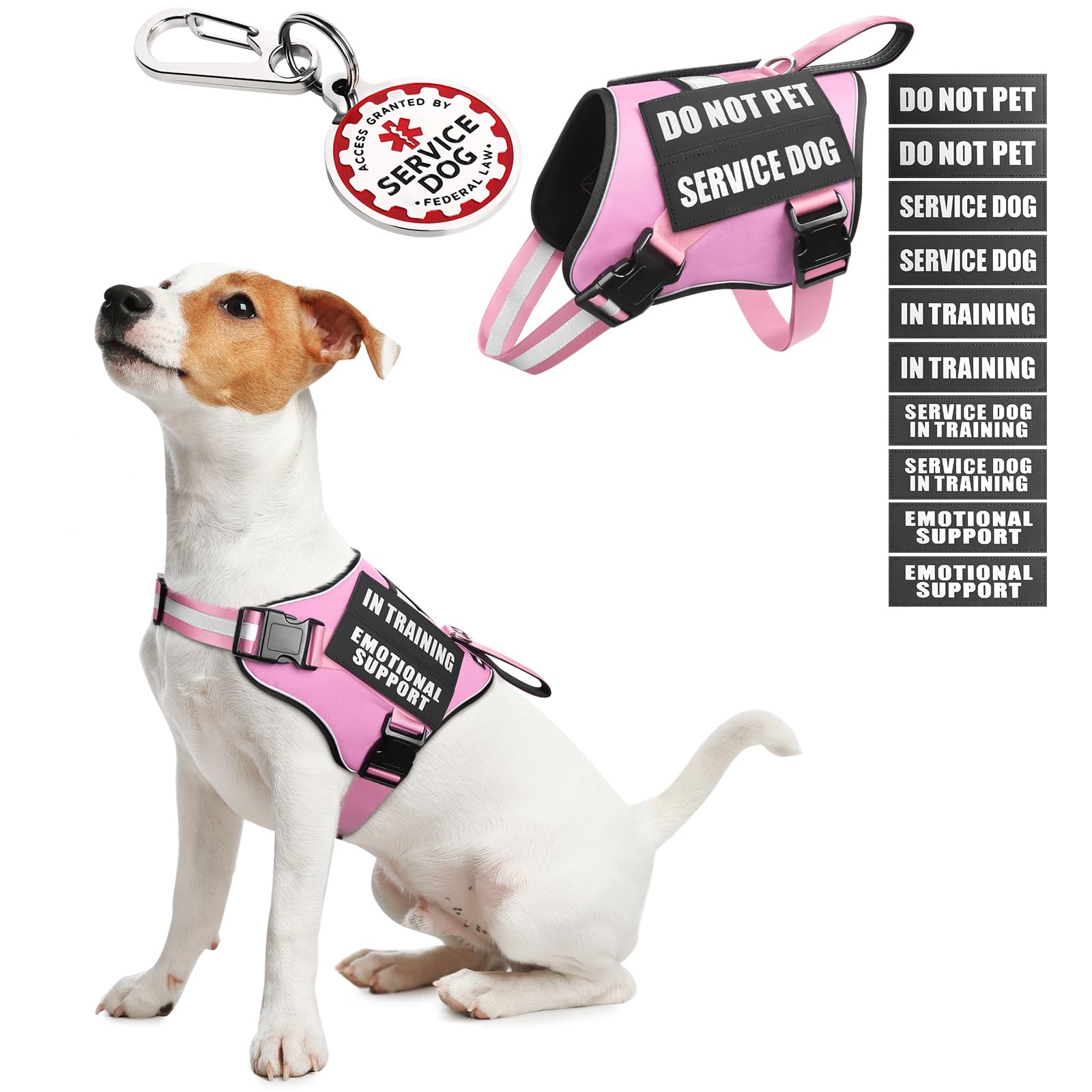 MOOGROU Service Dog Vest Harness+ID Tag+10 Patches,Metal Serivce Dog Tag&Reflective Emotional Support Dog Vest with Handle for Small Dogs,Easy Put On/
