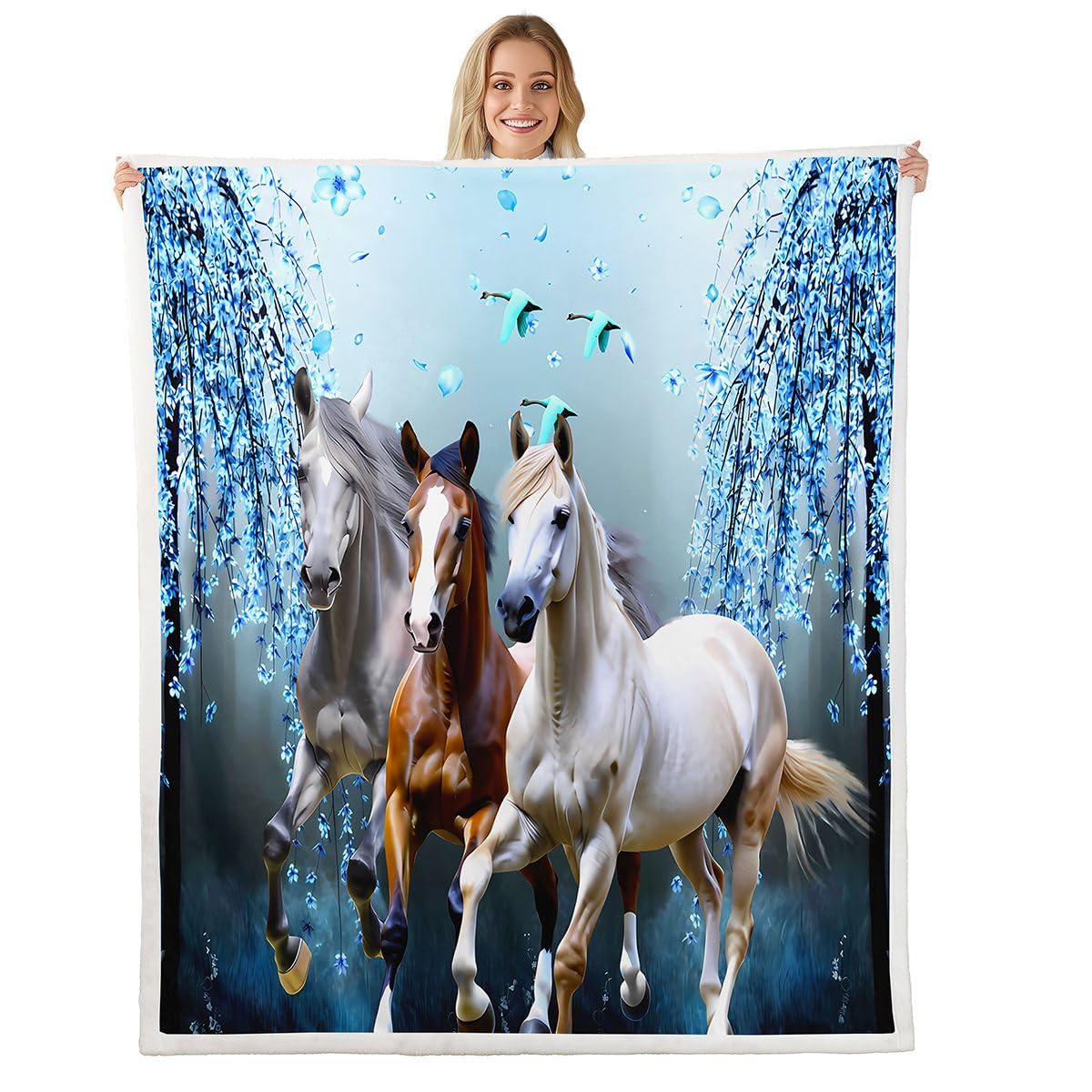 Manta Sherpa con diseño de caballo para niños, ramas de cerezo, corcel, cobija de forro polar azul de ensueño para niñas y adolescentes, manta mullida para sofá, cama, sofá, decoración de animales