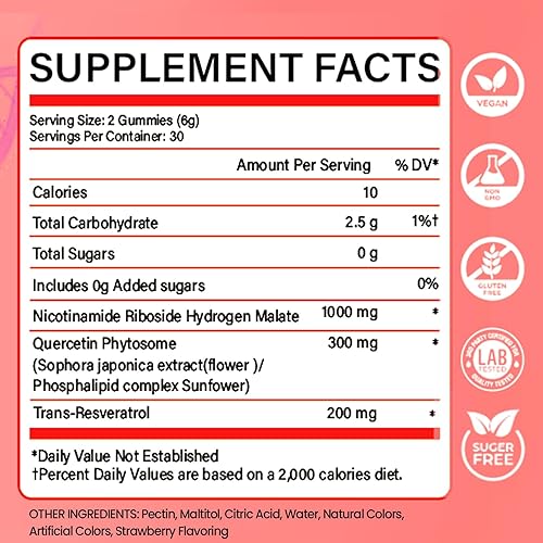 Miniatura 3 de NAD+ - Suplemento de gomitas para antienvejecimiento, energía y refuerzo de concentración, resveratrol, ribósido de nicotinamida, sabor a fresa,