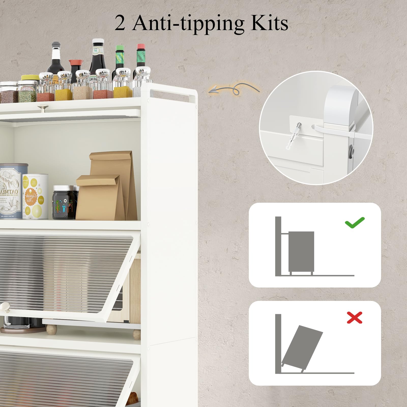 HOMASIS Scaffale da Cucina a 5 Livelli, Mobile Cucina con Ruote e Pedane, Mensola Microonde in Metallo con Ante Pieghevole in PC, Scaffale Salvaspazio per Salotto, Ingresso, 60 x 32 x 154 cm (Bianco)