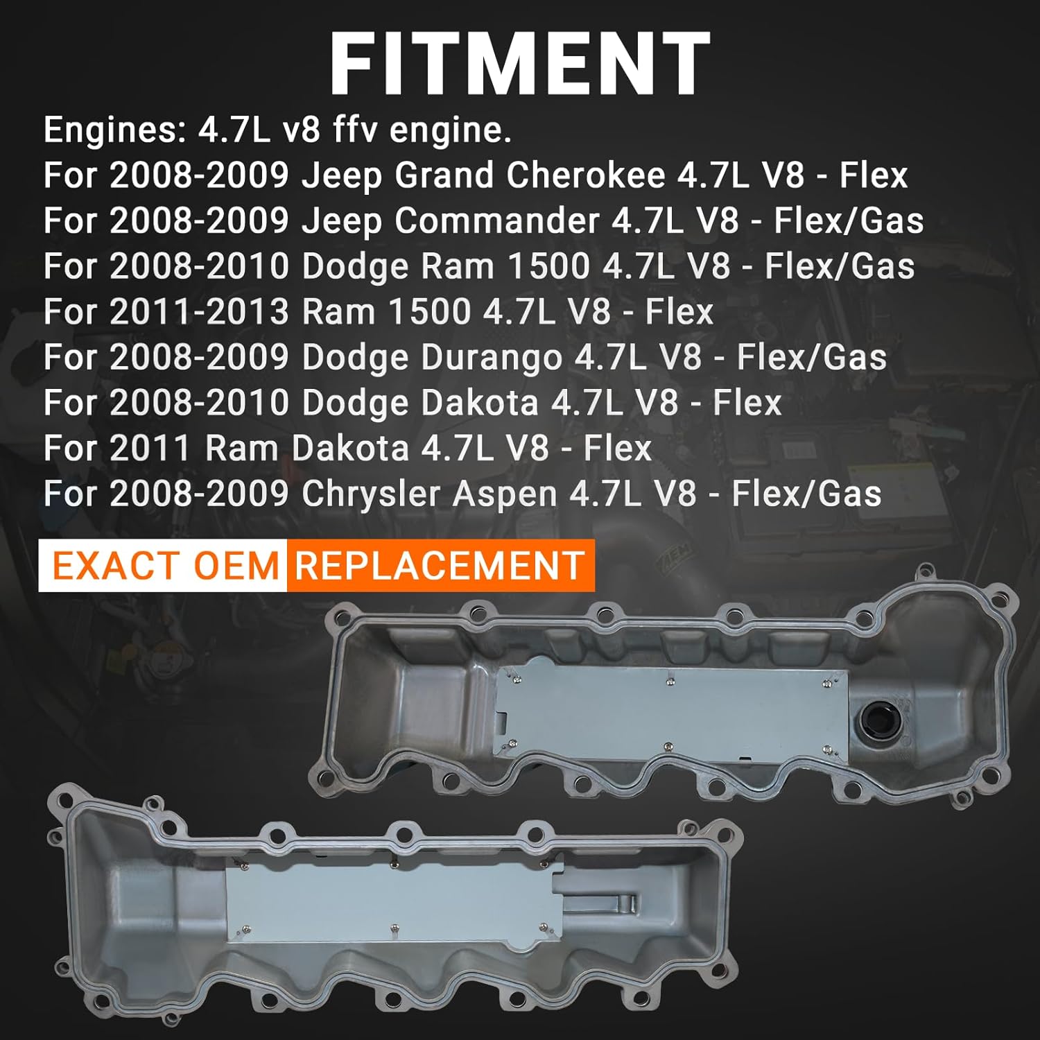 4.7L V8 Aluminum Valve Cover Compatible with 2008-2013 Ram 1500 2008-2009 Jeep Grand Cherokee Replace# 53022139AB 53022138AB