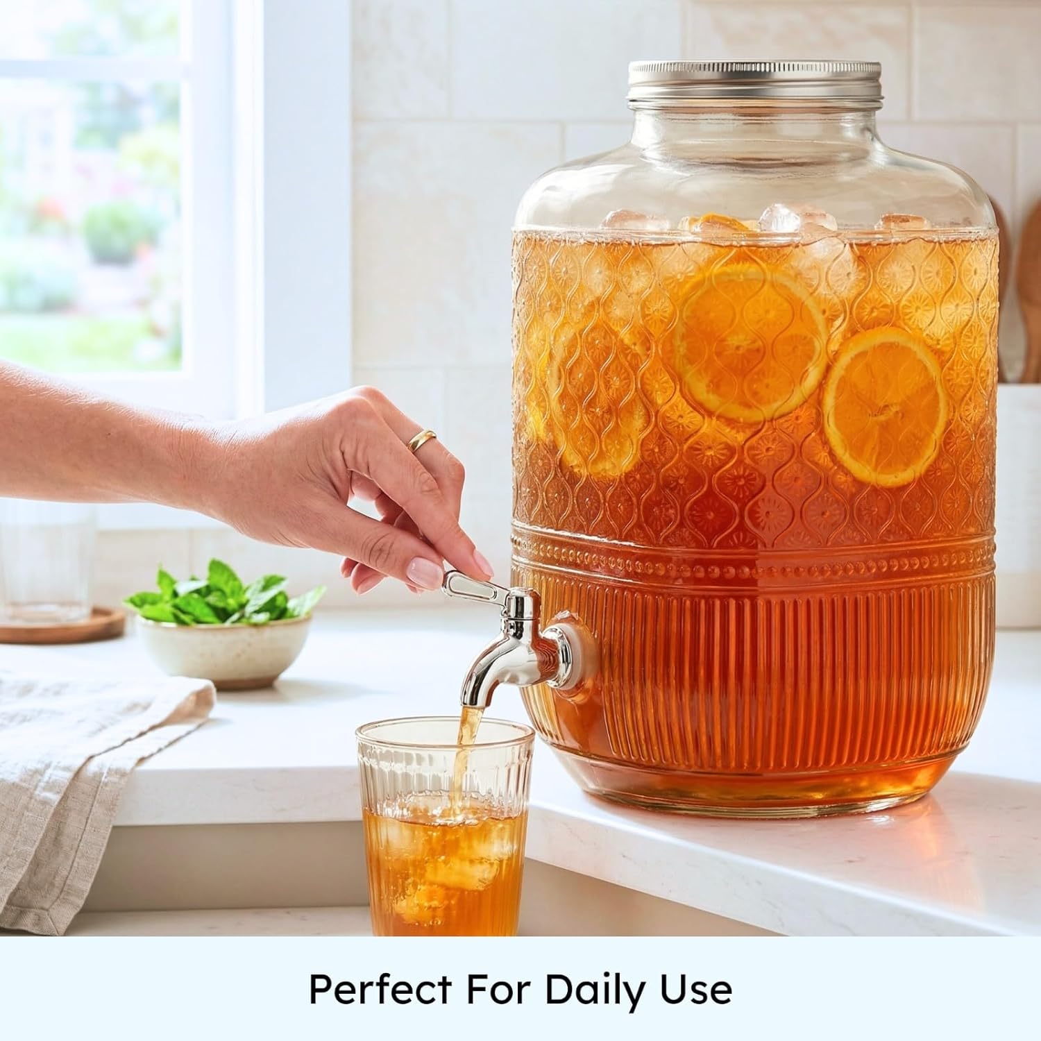 Godinger Drink Dispenser 2 Gallon, Large Glass Water Dispenser - (256oz) Clear