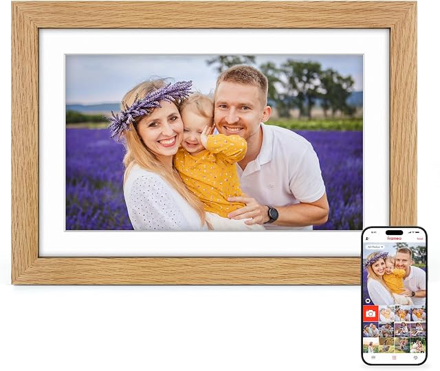 Frameo Digitaler Bilderrahmen Holz WLAN mit 32GB, 10.1 Zoll Elektronischer Bilderrahmen 1280 * 800 IPS Touchscreen, Fotos/Videos sofort über Frameo APP Teilen, Geschenke für Frauen Männer, Eichenholz