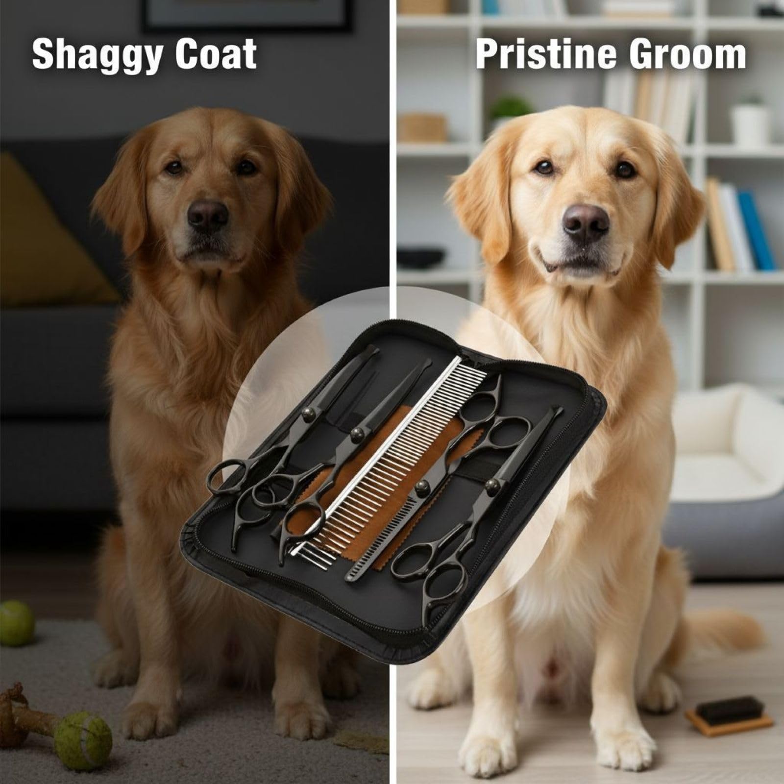 7-tlg. Fellpflege-Scheren-Set für Hunde mit gerader Schere, Effilierschere, gebogenen Hundescheren, Stahlkamm, Reinigungstuch und Etui, 6 in / 15,2 cm, Edelstahl, zum Schneiden von Tierhaaren zu Hause