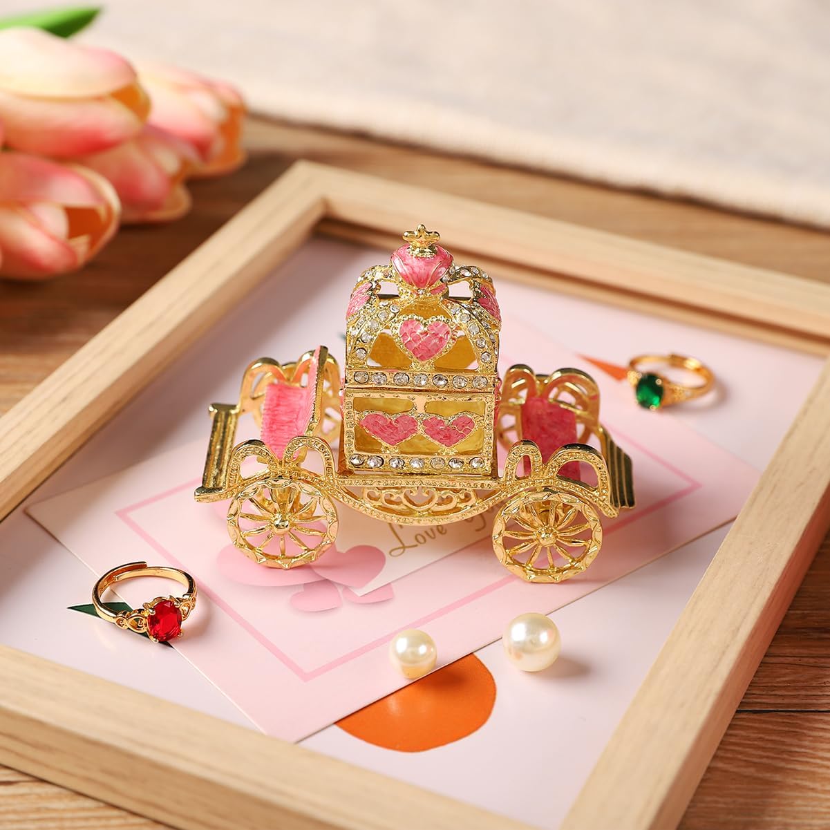 Retro Hollow out Carriage Trinket Box Small Jewelry Boxes Hand-Painted Mother's Day Gift for Women(Pink) - Image 5
